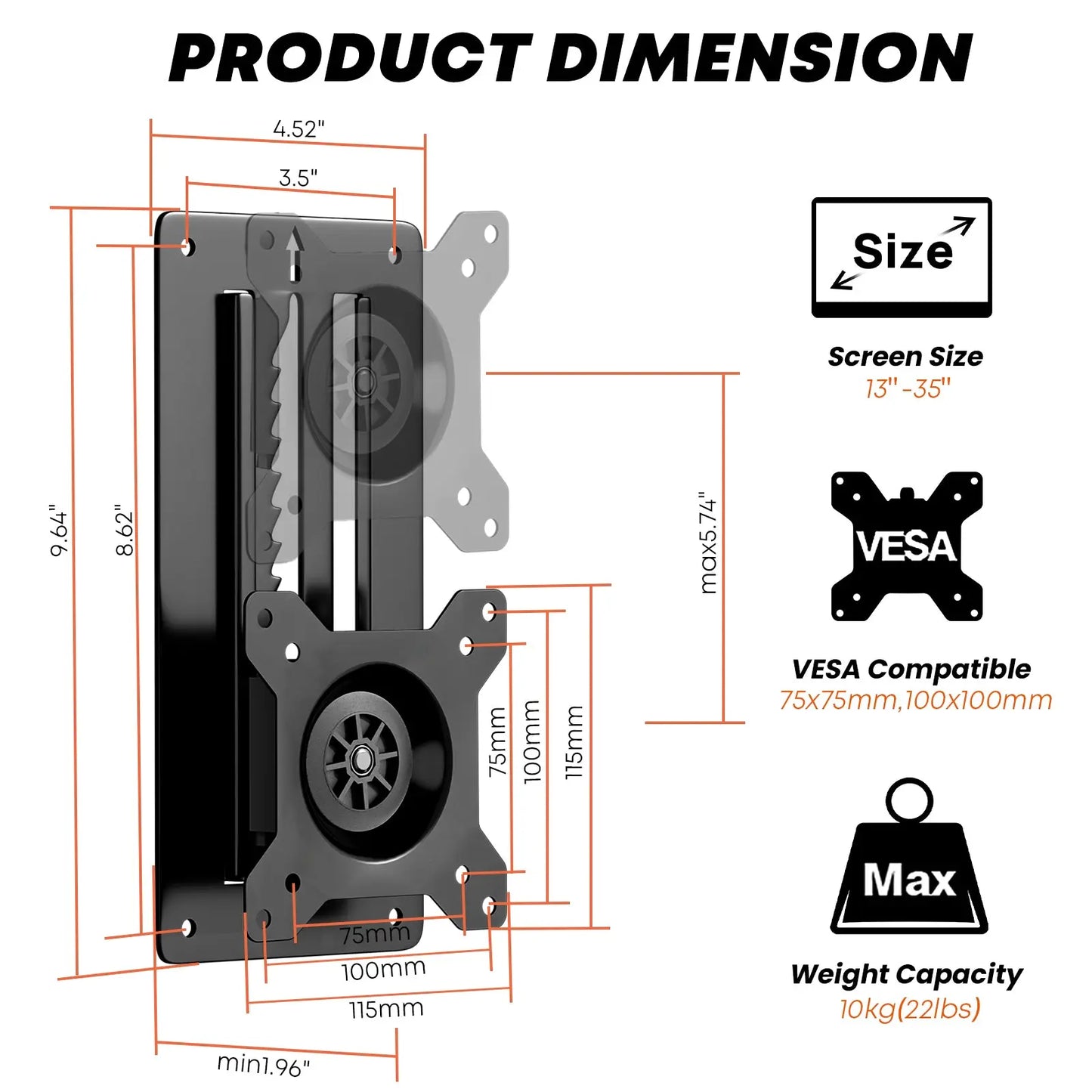 PUTORSEN Premium Height Adjustable Monitor Wall Mount up to 35 inch Ultrawide Screens, Low Profile VESA Wall Mount Monitor Holds up to 22lbs, Full Motion Computer Monitor Mount Wall, VESA 75/100,Black PUTORSEN
