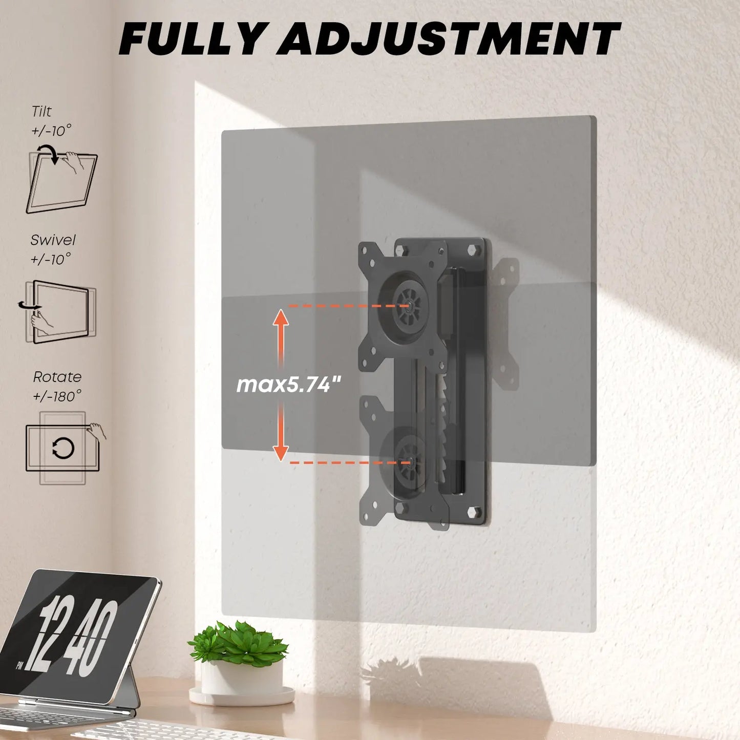 PUTORSEN Premium Height Adjustable Monitor Wall Mount up to 35 inch Ultrawide Screens, Low Profile VESA Wall Mount Monitor Holds up to 22lbs, Full Motion Computer Monitor Mount Wall, VESA 75/100,Black PUTORSEN