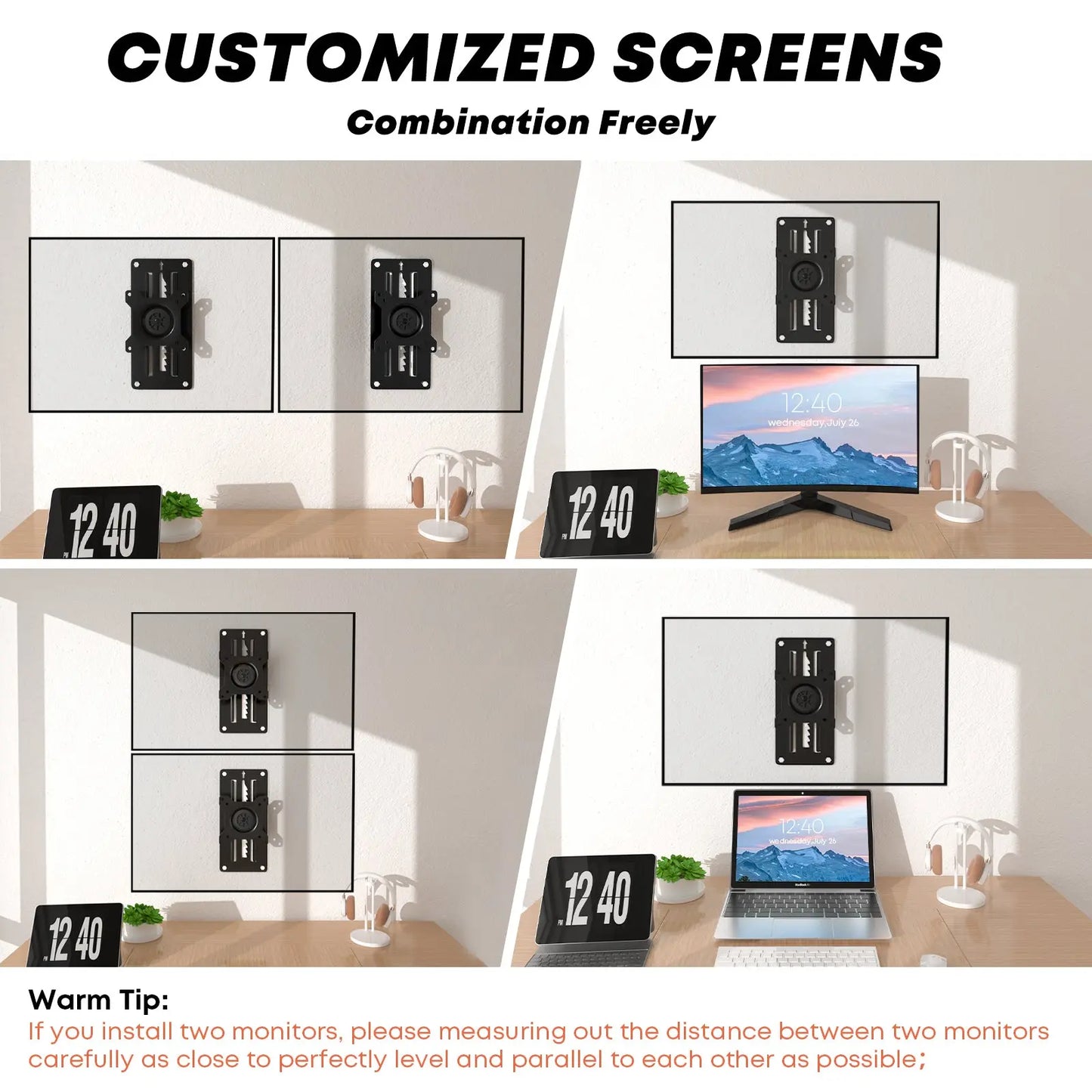 PUTORSEN Premium Height Adjustable Monitor Wall Mount up to 35 inch Ultrawide Screens, Low Profile VESA Wall Mount Monitor Holds up to 22lbs, Full Motion Computer Monitor Mount Wall, VESA 75/100,Black PUTORSEN