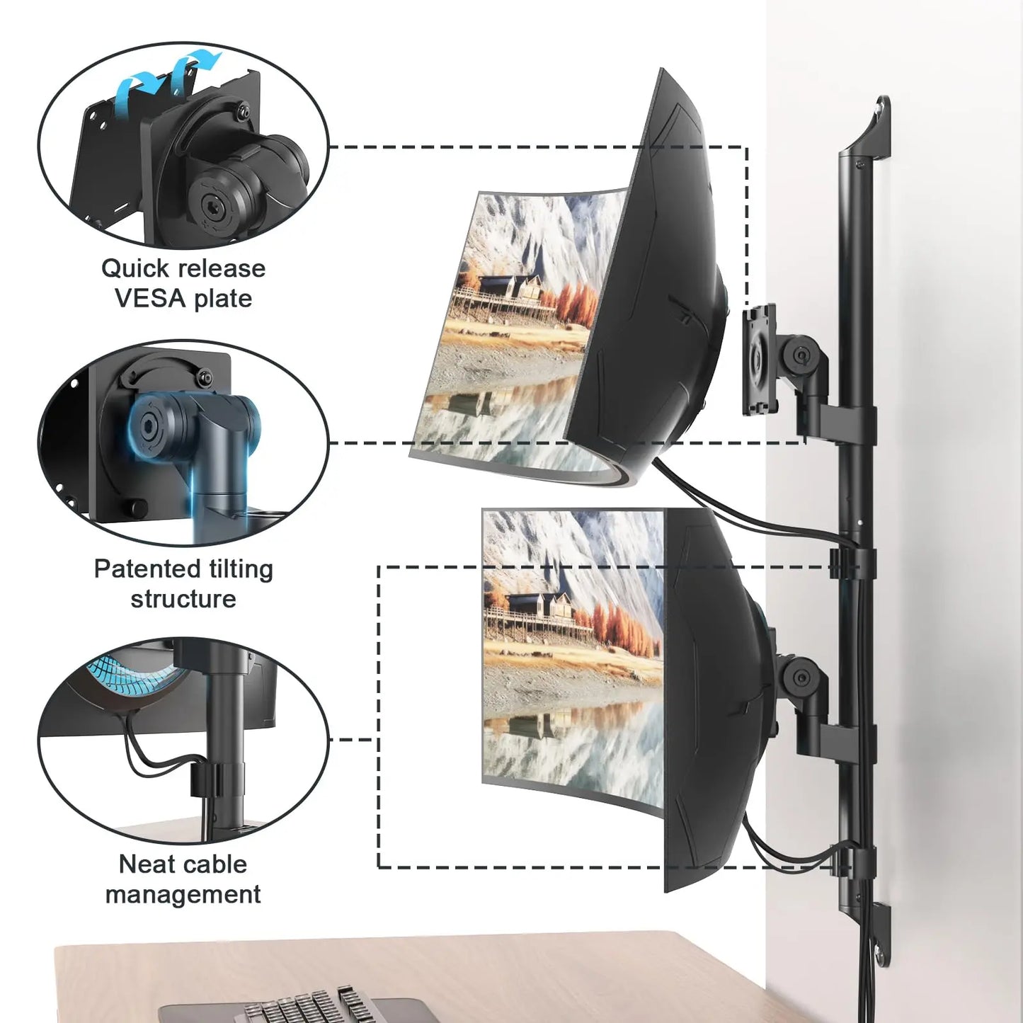17-57" Dual Monitor Wall Mount, Vertical Monitor Stand for Heavy Duty Monitor, up to 59.4 lbs per Screen, 108mm Ultra Slim to Wall, VESA 75/100, Premium Gas Spring& Quick Release PUTORSEN