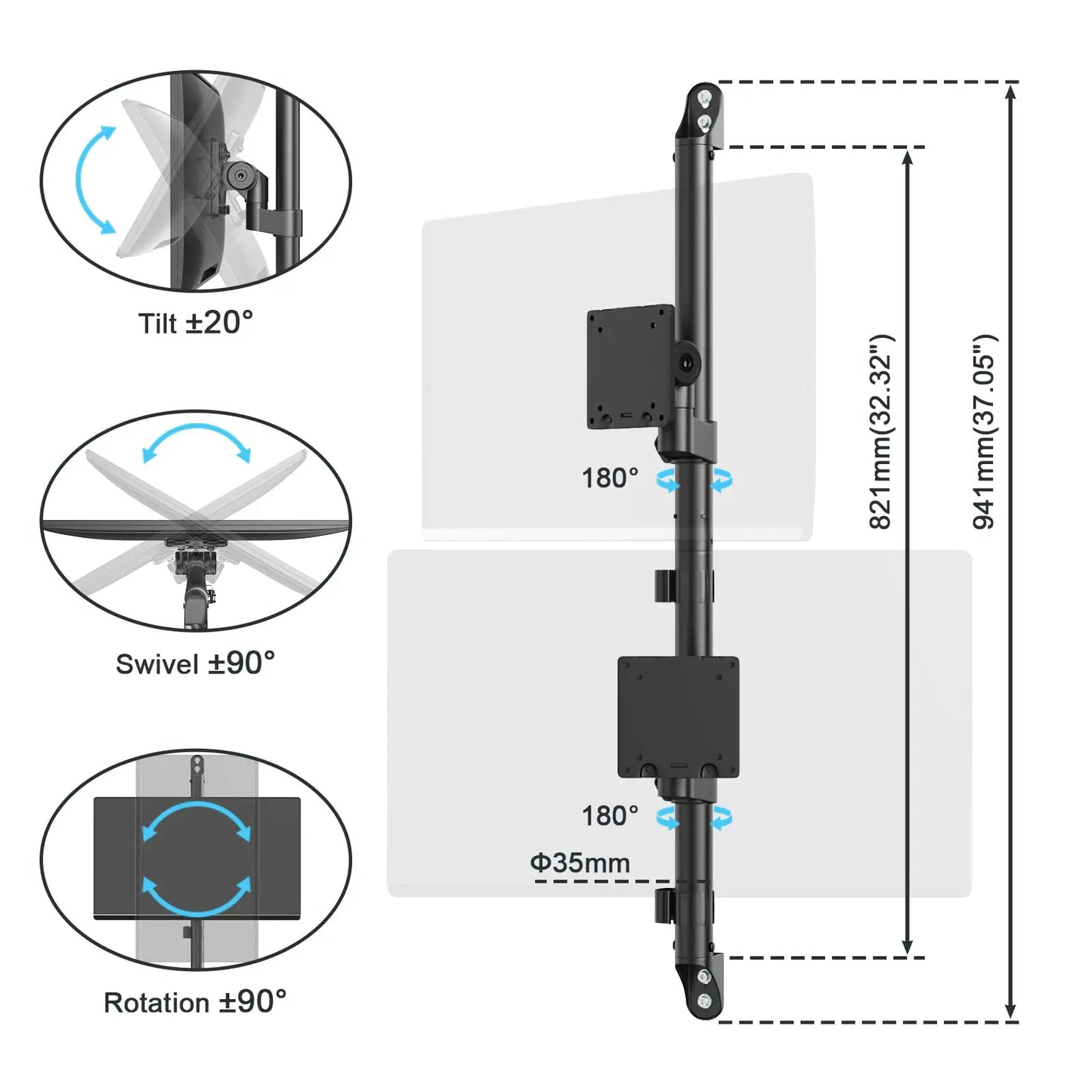 17-57" Dual Monitor Wall Mount, Vertical Monitor Stand for Heavy Duty Monitor, up to 59.4 lbs per Screen, 108mm Ultra Slim to Wall, VESA 75/100, Premium Gas Spring& Quick Release PUTORSEN