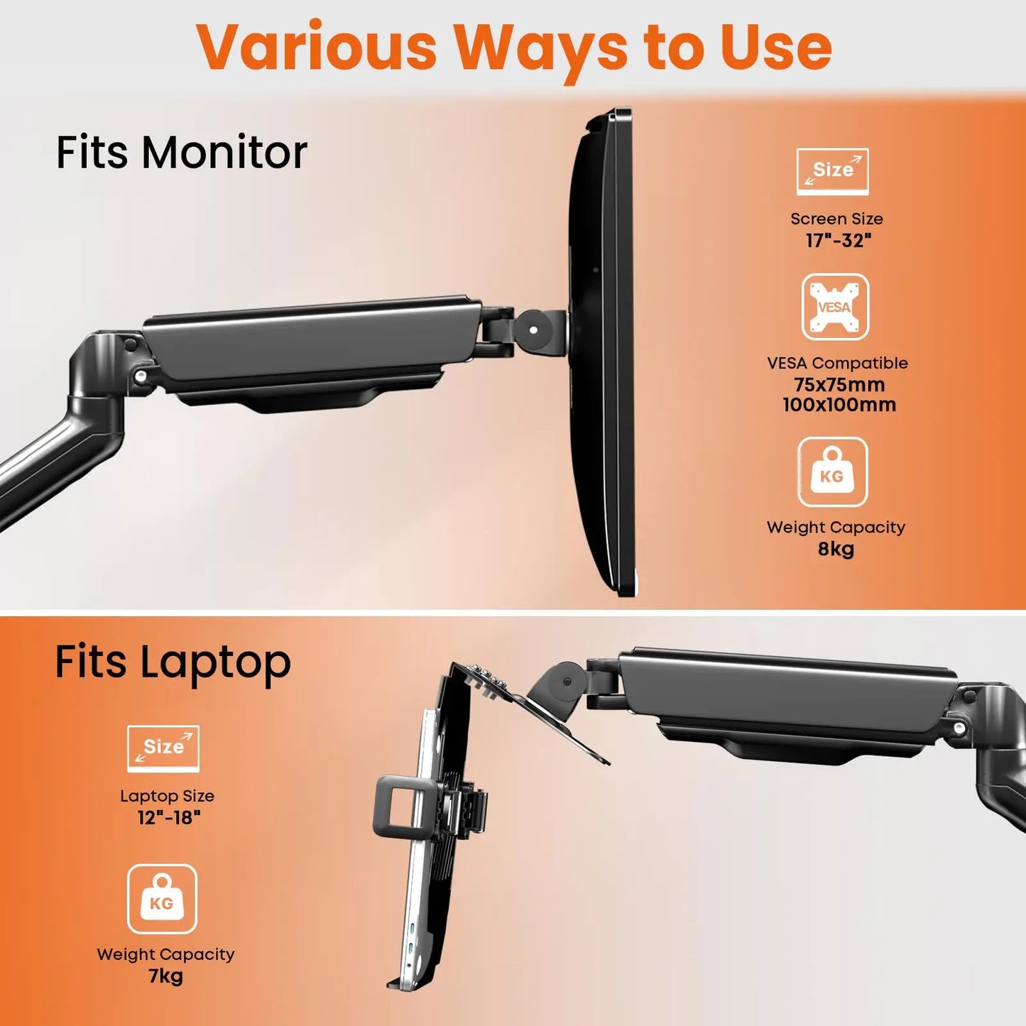 2-in-1 Laptop Wall Mount with Detachable Tray | Gas Spring Adjustable Arm for 12-17 Inch Laptops & Monitors | Full Motion Articulating Stand | Holds 2.2-19.8 lbs (Black) PUTORSEN