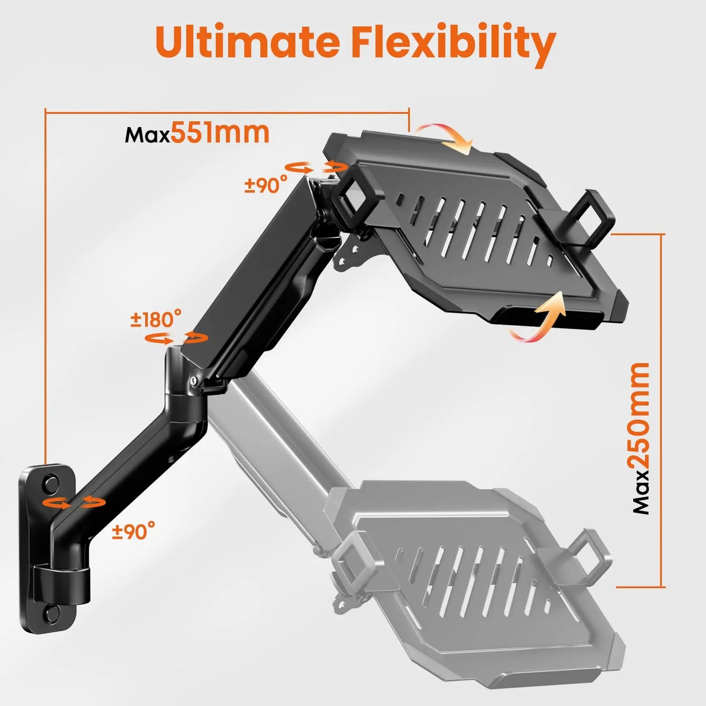 2-in-1 Laptop Wall Mount with Detachable Tray | Gas Spring Adjustable Arm for 12-17 Inch Laptops & Monitors | Full Motion Articulating Stand | Holds 2.2-19.8 lbs (Black) PUTORSEN