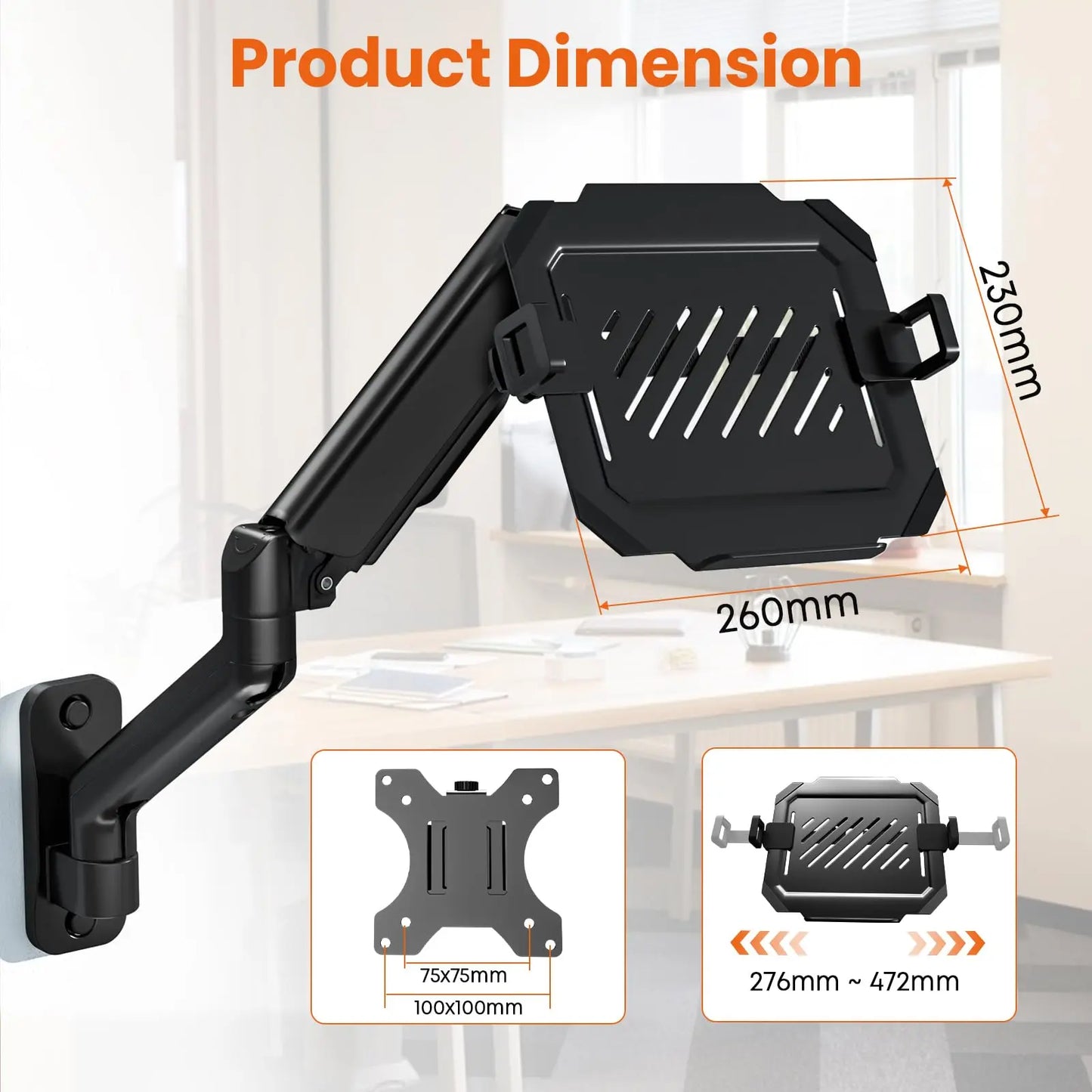 2-in-1 Laptop Wall Mount with Detachable Tray | Gas Spring Adjustable Arm for 12-17 Inch Laptops & Monitors | Full Motion Articulating Stand | Holds 2.2-19.8 lbs (Black) PUTORSEN