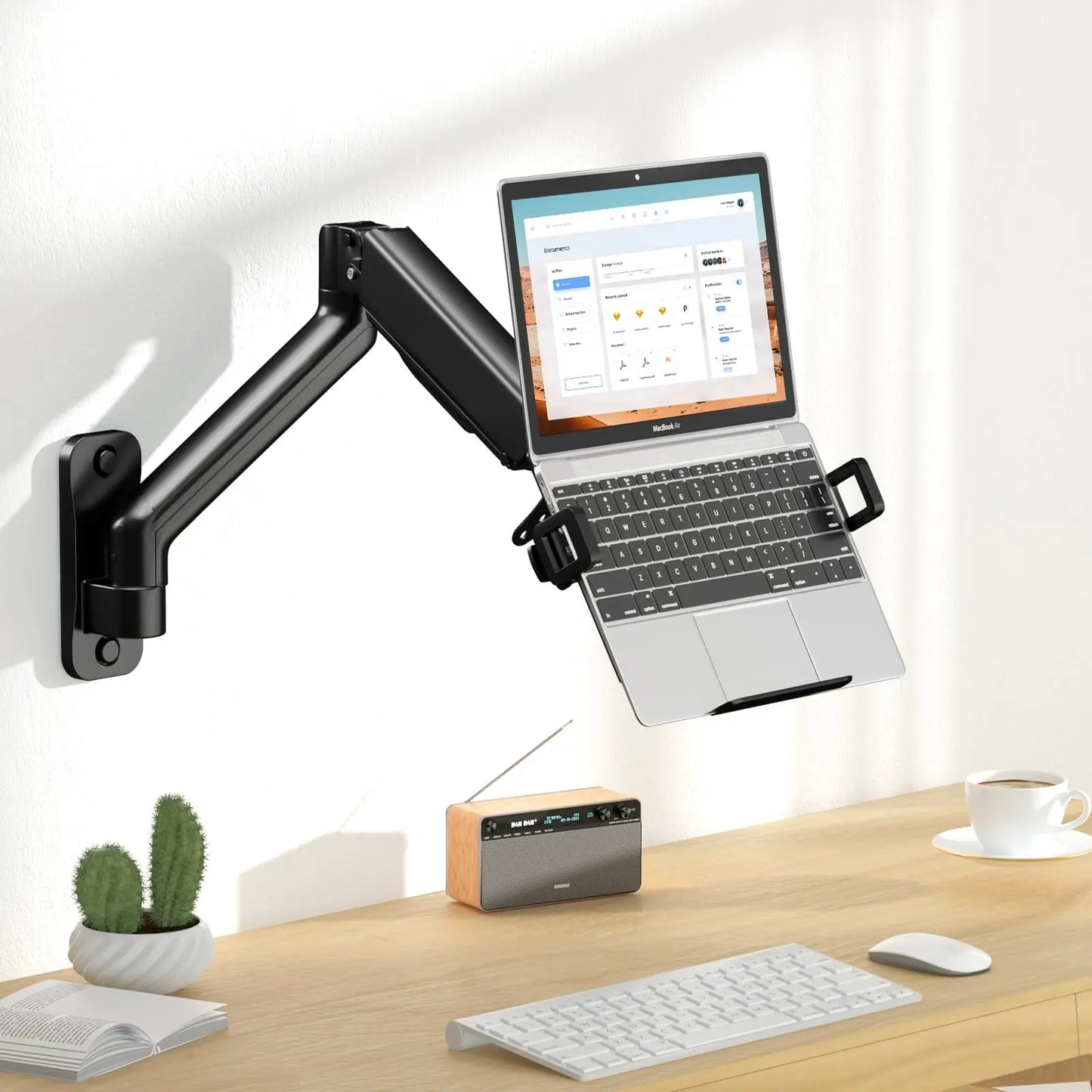 2-in-1 Laptop Wall Mount with Detachable Tray | Gas Spring Adjustable Arm for 12-17 Inch Laptops & Monitors | Full Motion Articulating Stand | Holds 2.2-19.8 lbs (Black) PUTORSEN