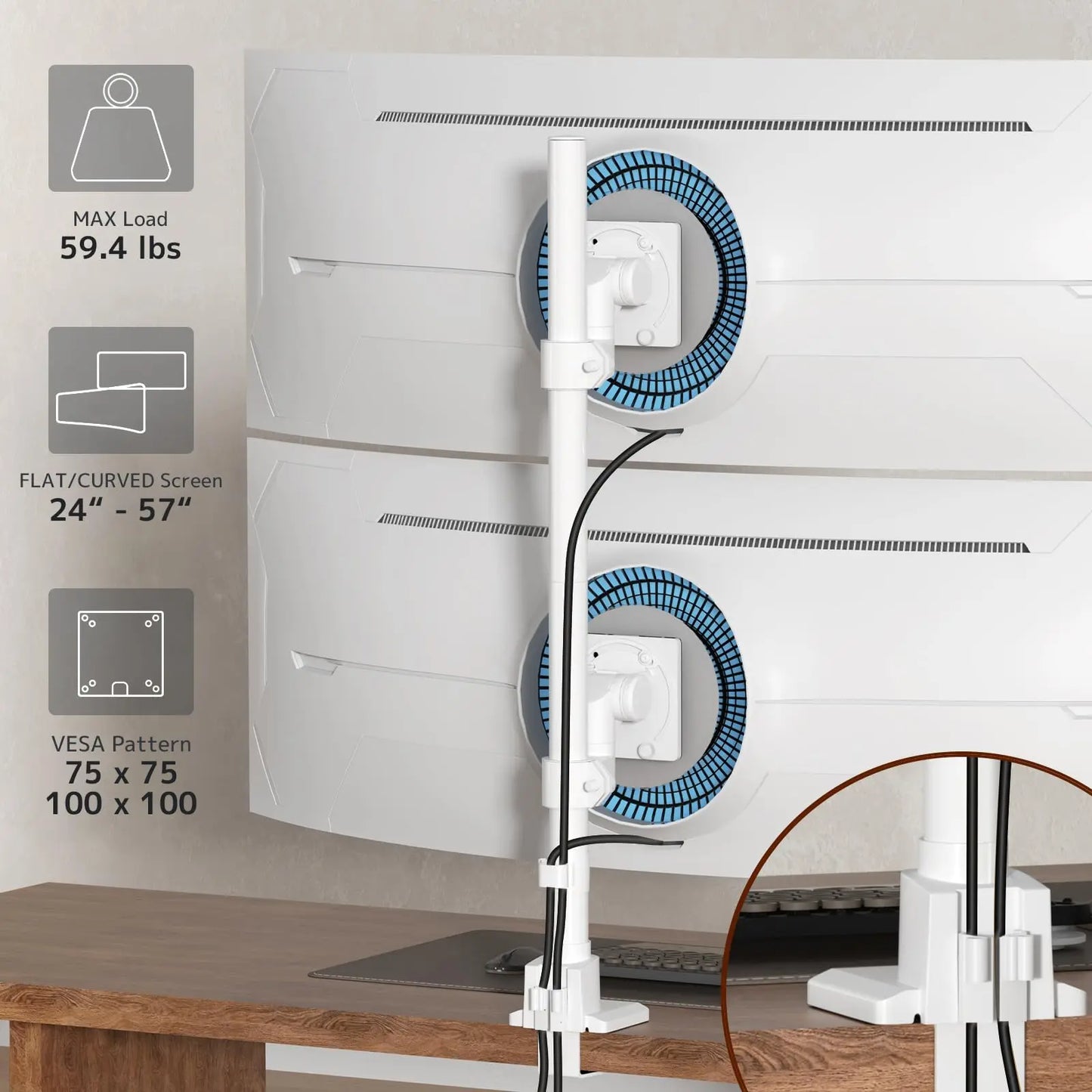 Dual Monitor-Arm Heavy Duty Ultrawide - 24-57 inch Vertical Dual Monitor Mount, Adjustable Stacked Double Monitor Desk Mount Stand, Max Load 59.4 lbs (per Screen), VESA 75/100 mm, White PUTORSEN