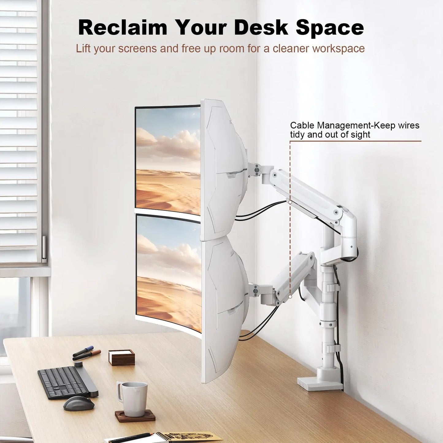 Dual Monitor-Arm Heavy-Duty for 17-49-inch Screens - Vertical Stacked Dual Monitor Mount Stand for Ultrawide Screens up to 44lbs, Aluminum,Full Motion, VESA 75/100 mm, White PUTORSEN