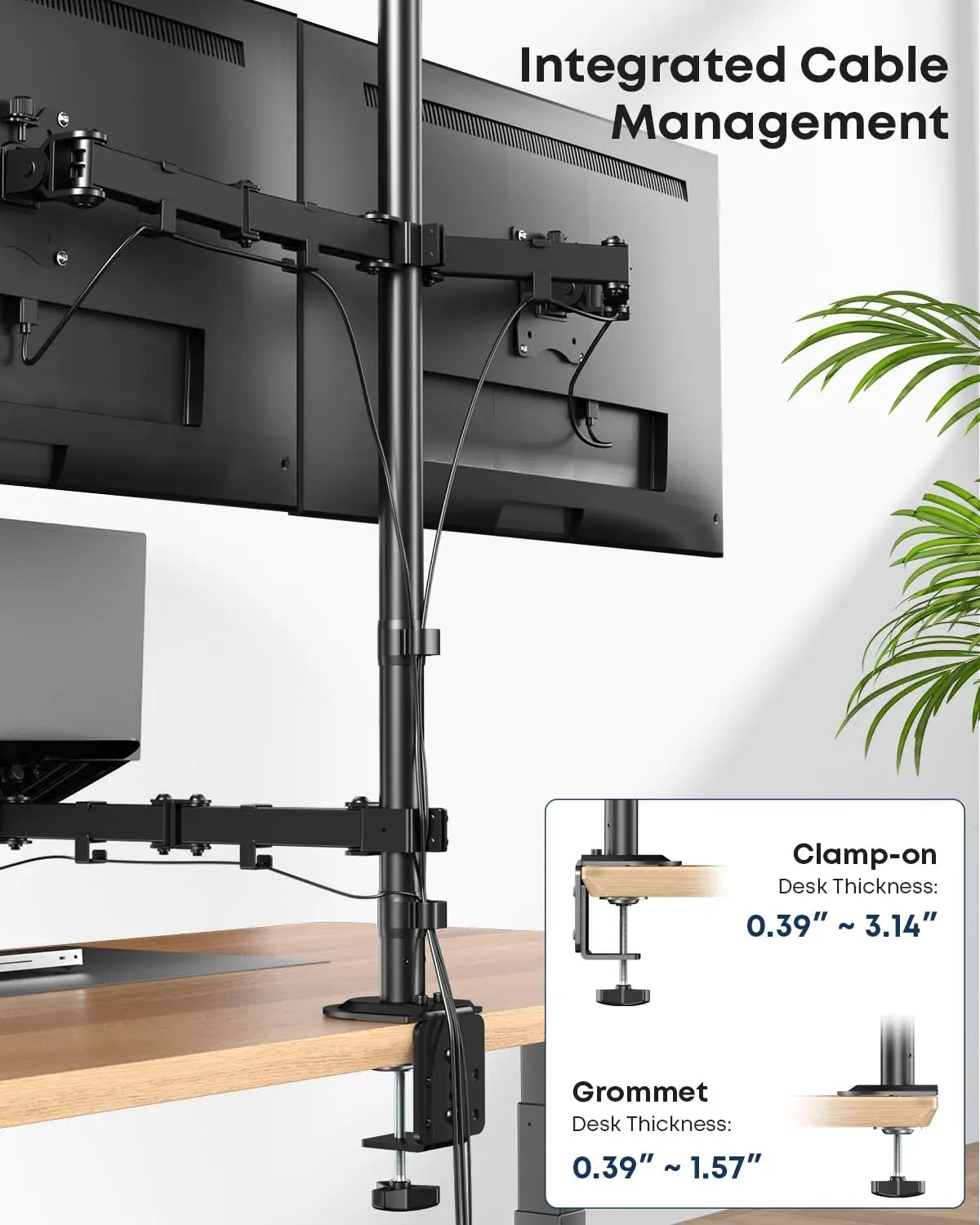 Dual Monitor & Laptop Desk Mount, Fits 17-32" Screens, Full Motion, Premium Metal, Extra Long Pole, 19.8 lbs Per Arm, Adjustable, C-Clamp & Grommet Base, VESA 75/100mm, Black PUTORSEN