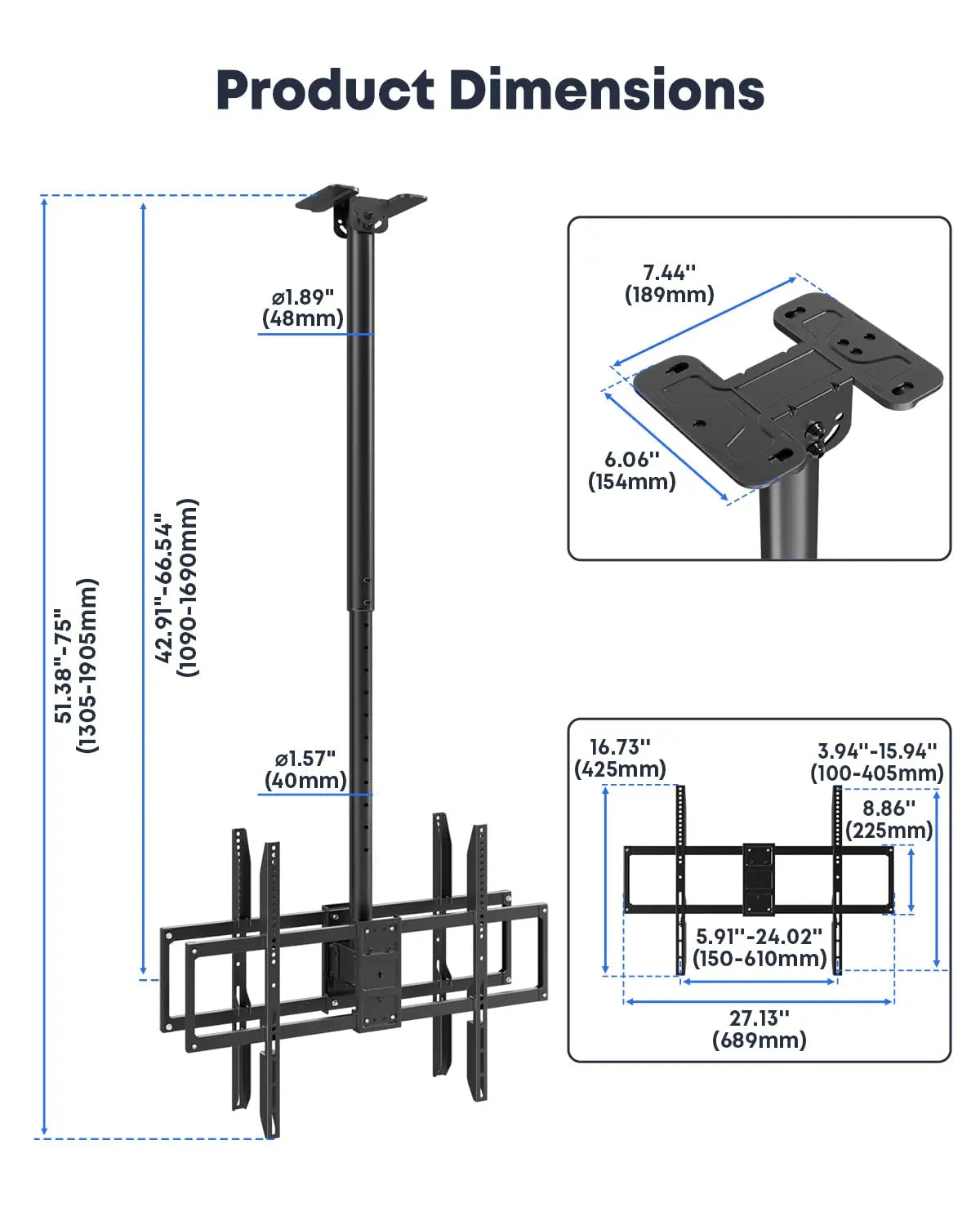 Dual TV Ceiling Mount, Fits 43-86" TVs, Supports up to 110 lbs, 42.9-66.5" Height Adjustable, Swivel & Tilt, Level Adjustment, Safety Lock, Max VESA 600x400mm PUTORSEN