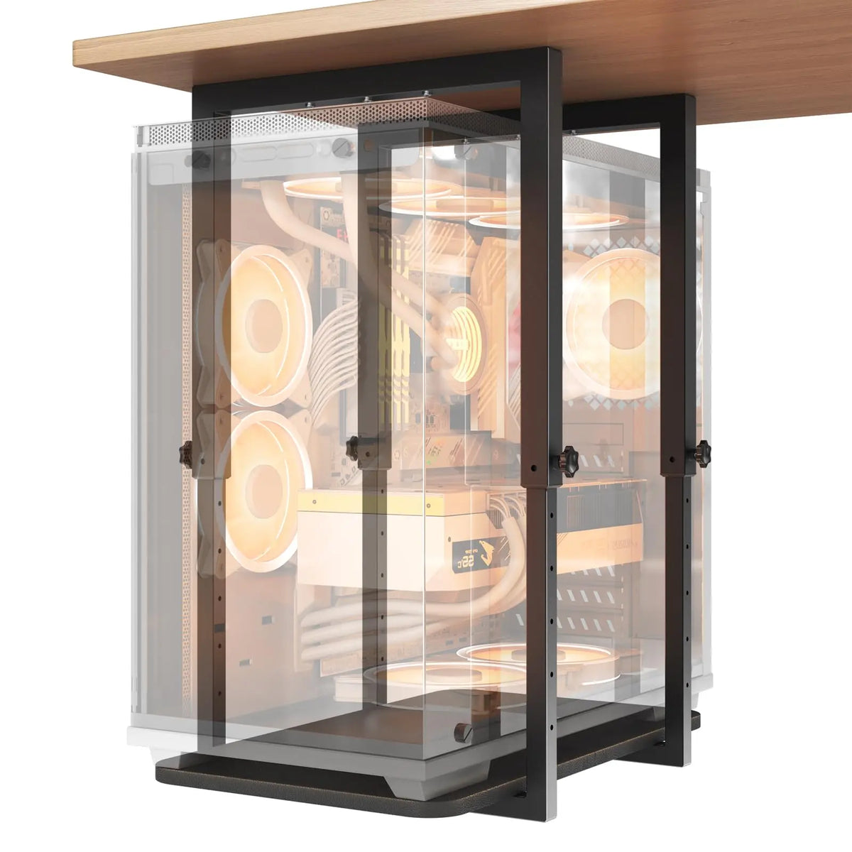 Heavy Duty Under Desk PC Mount for Full Tower Cases, Supports up to 66 lbs, Max Case Size: 13.4”W x 25.6”H, Height Adjustable, Stable Wood Base 23.6''x13.8'' PUTORSEN
