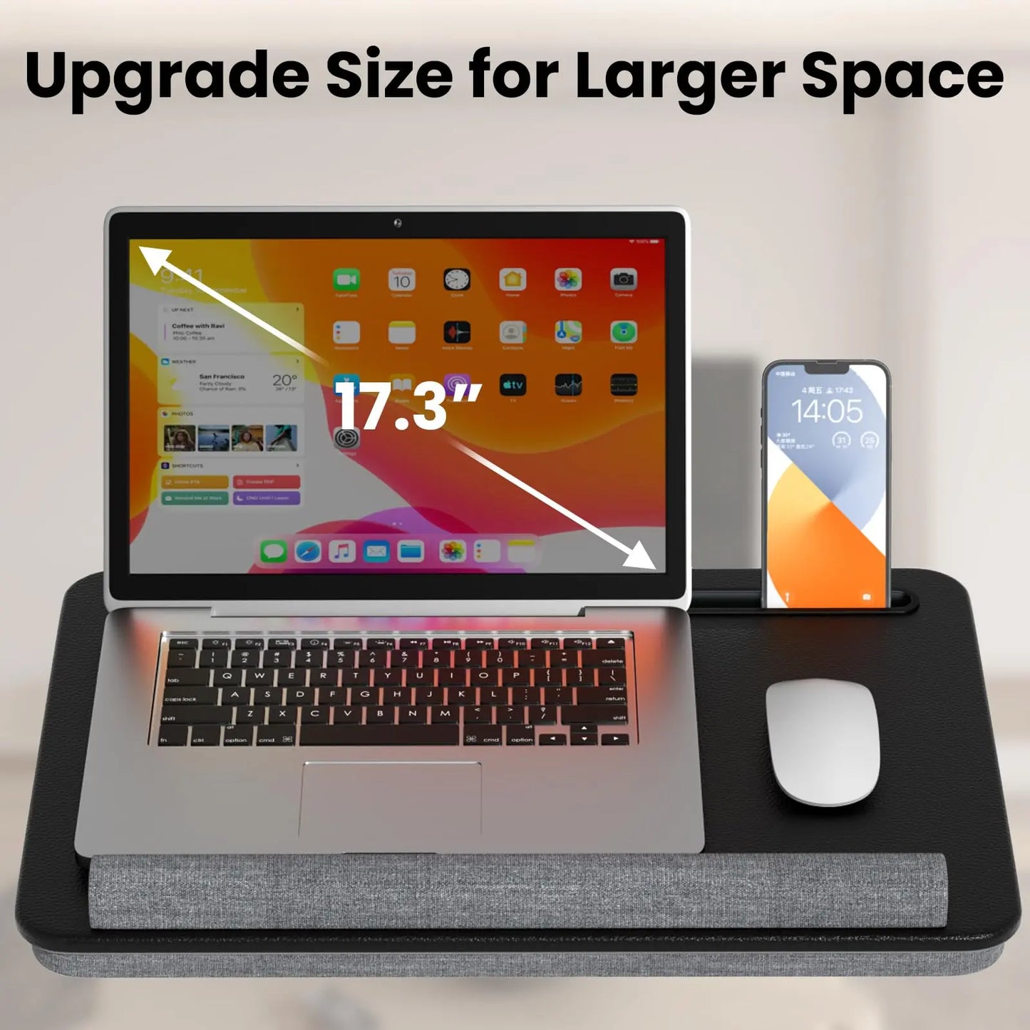 Laptopkissen für Bett - Laptopunterlage mit Handgelenkauflage und Telefonhalter für max. 17,3 Zoll Notebook, Laptop Kissen Lapdesk für Homeoffice, Lernen und Entspannung PUTORSEN