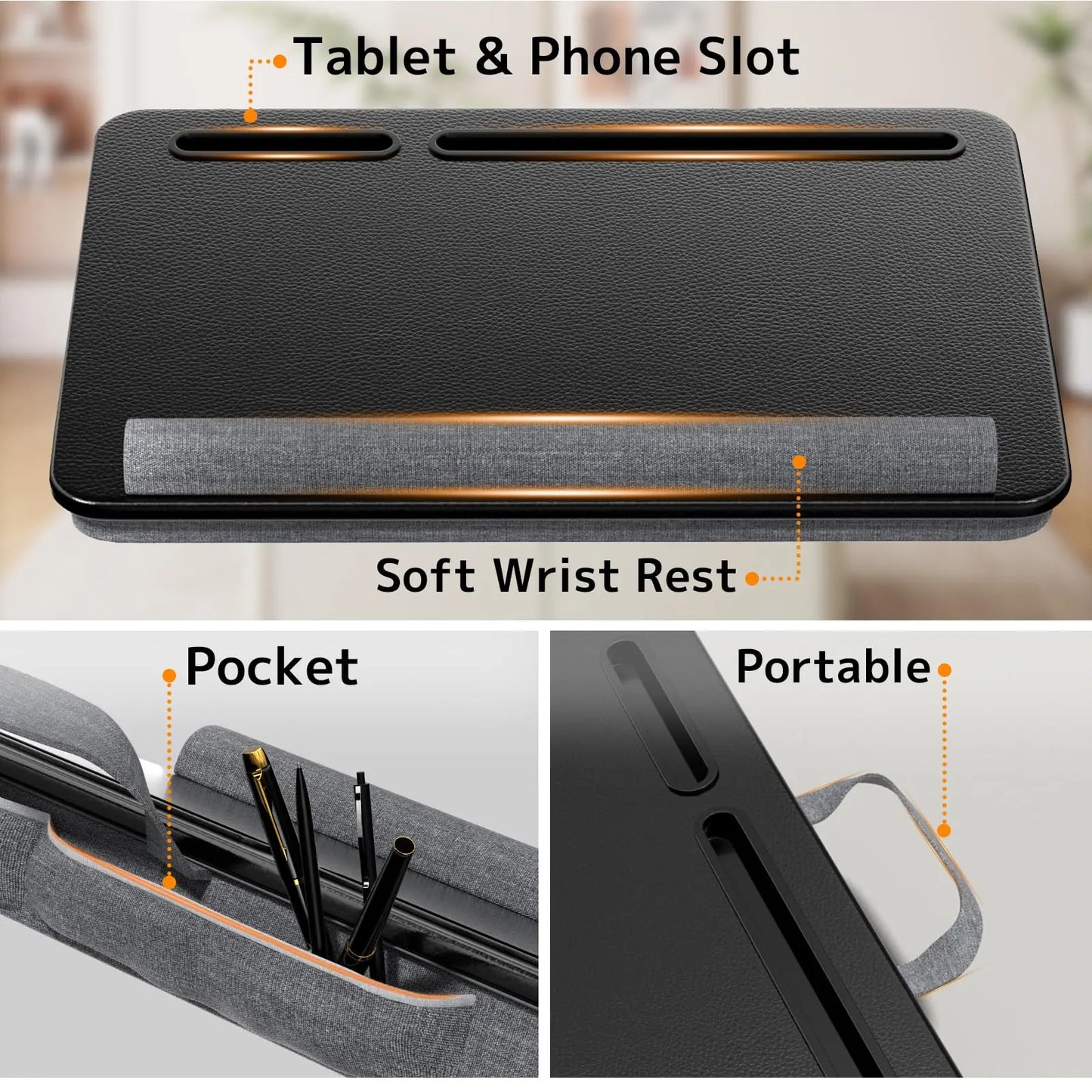 Laptopkissen für Bett - Laptopunterlage mit Handgelenkauflage und Telefonhalter für max. 17,3 Zoll Notebook, Laptop Kissen Lapdesk für Homeoffice, Lernen und Entspannung PUTORSEN