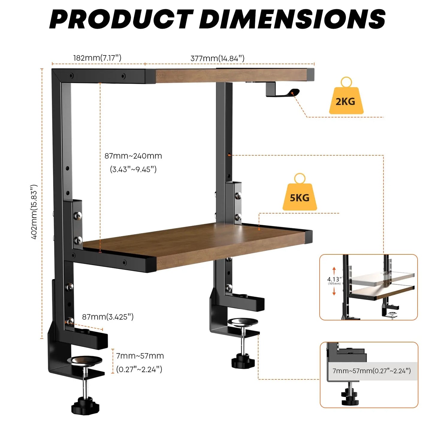 PUTORSEN 15 inch Clamp on Desk Shelf, 2 Tier Shelving Unit Above or Below Desk PUTORSEN