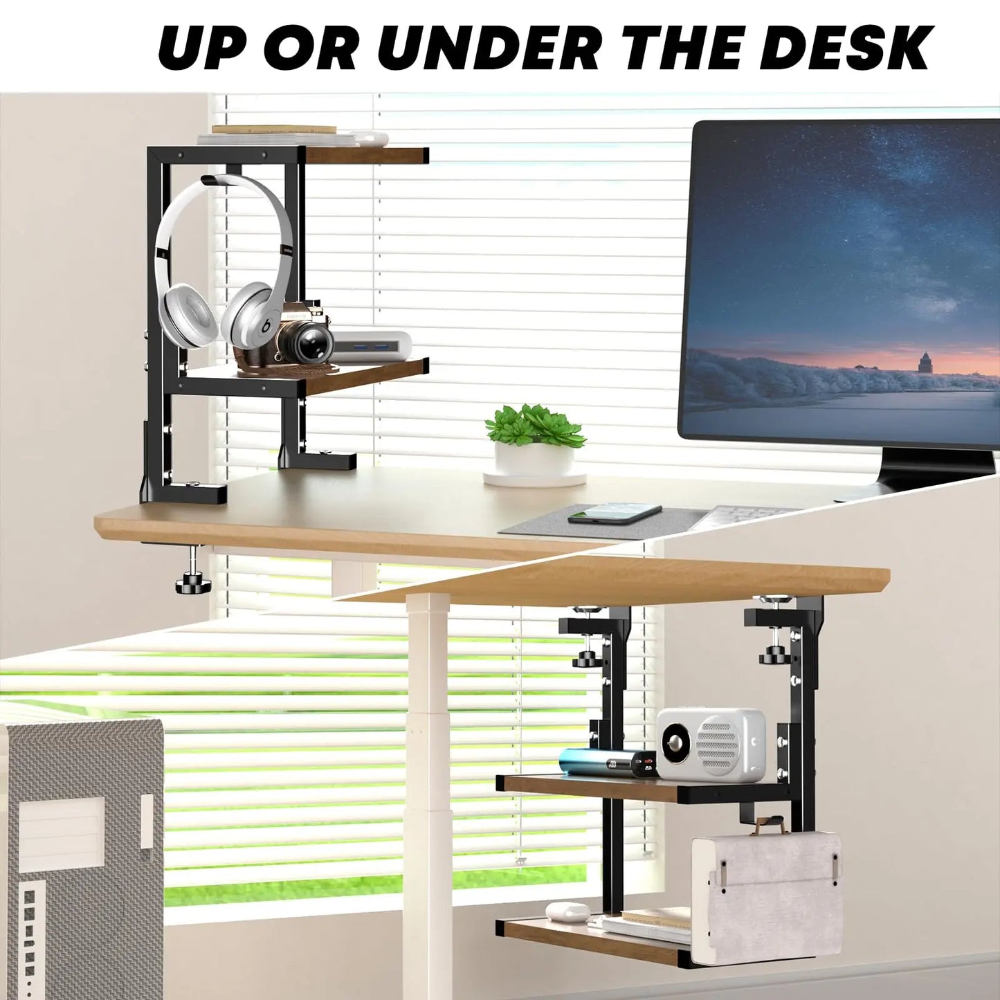 PUTORSEN 15 inch Clamp on Desk Shelf, 2 Tier Shelving Unit Above or Below Desk PUTORSEN