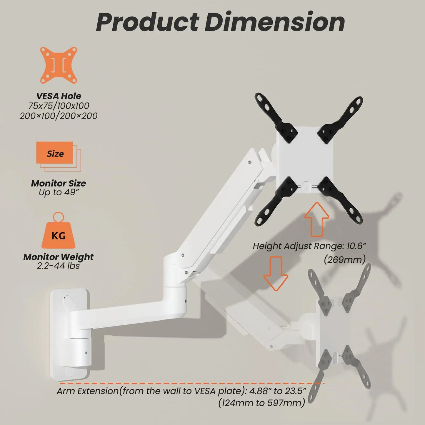 PUTORSEN 17-49 inch Premium Ultrawide Monitor Wall Mount, Heavy Duty Single Wall Mount Monitor Arm up to 44lbs PUTORSEN