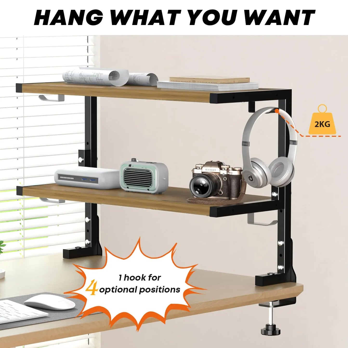 PUTORSEN 2-Tier Clamp-On Desk Shelf - 24 inch Adjustable Height and Versatile Hook, Above or Under Desk Storage for Office & Gaming PUTORSEN