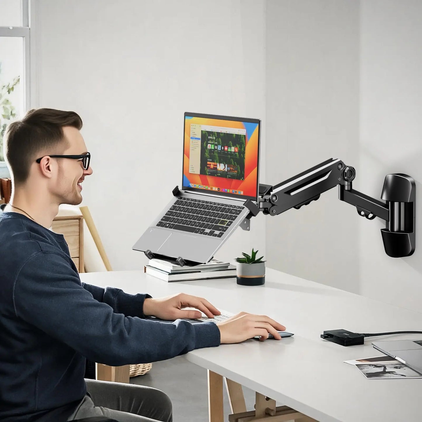 PUTORSEN 2-in-1 Laptop Wall Mount, Gas Spring Arm for 10-17 Inch Notebook & 17-40" Screen, Full Motion Adjustable, Black PUTORSEN