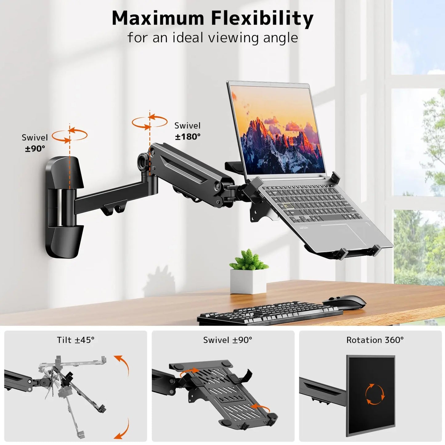 PUTORSEN 2-in-1 Laptop Wall Mount, Gas Spring Arm for 10-17 Inch Notebook & 17-40" Screen, Full Motion Adjustable, Black PUTORSEN