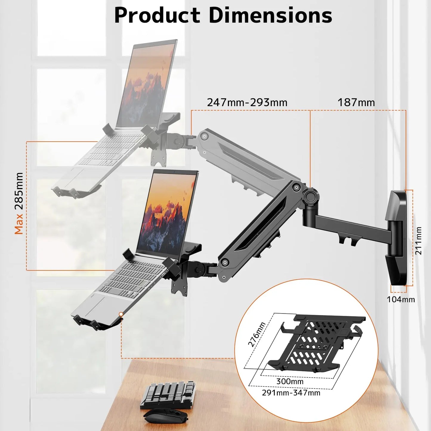 PUTORSEN 2-in-1 Laptop Wall Mount, Gas Spring Arm for 10-17 Inch Notebook & 17-40" Screen, Full Motion Adjustable, Black PUTORSEN