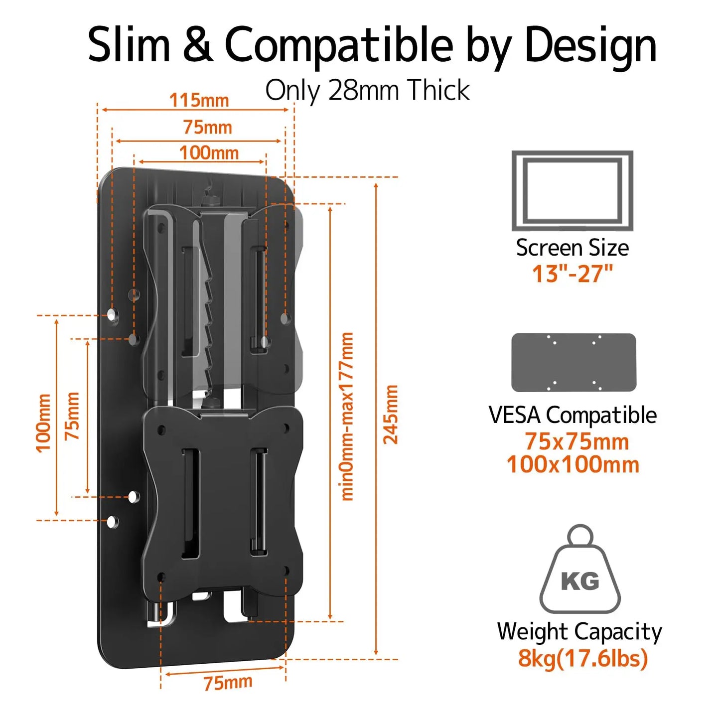 PUTORSEN Adaptateur VESA réglable en Hauteur pour Moniteurs 13 à 27 pouces,Support VESA avec Réglage Vertical de 15 cm,Compatible VESA 75x75/100x100 mm,Charge maximale 8 kg PUTORSEN