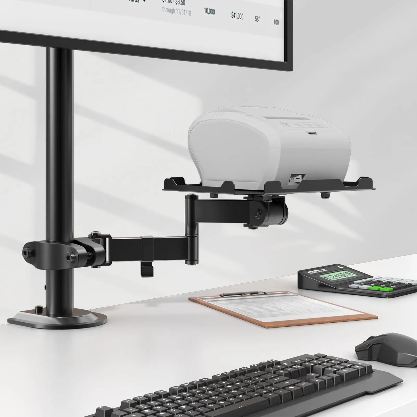 PUTORSEN Adjustable Pole Mount Printer Stand,Printer Pole Mount with 7.2x9.2 Inch Storage Tray for Thermal Printers, Full Motion Arm Holds 11 lbs PUTORSEN