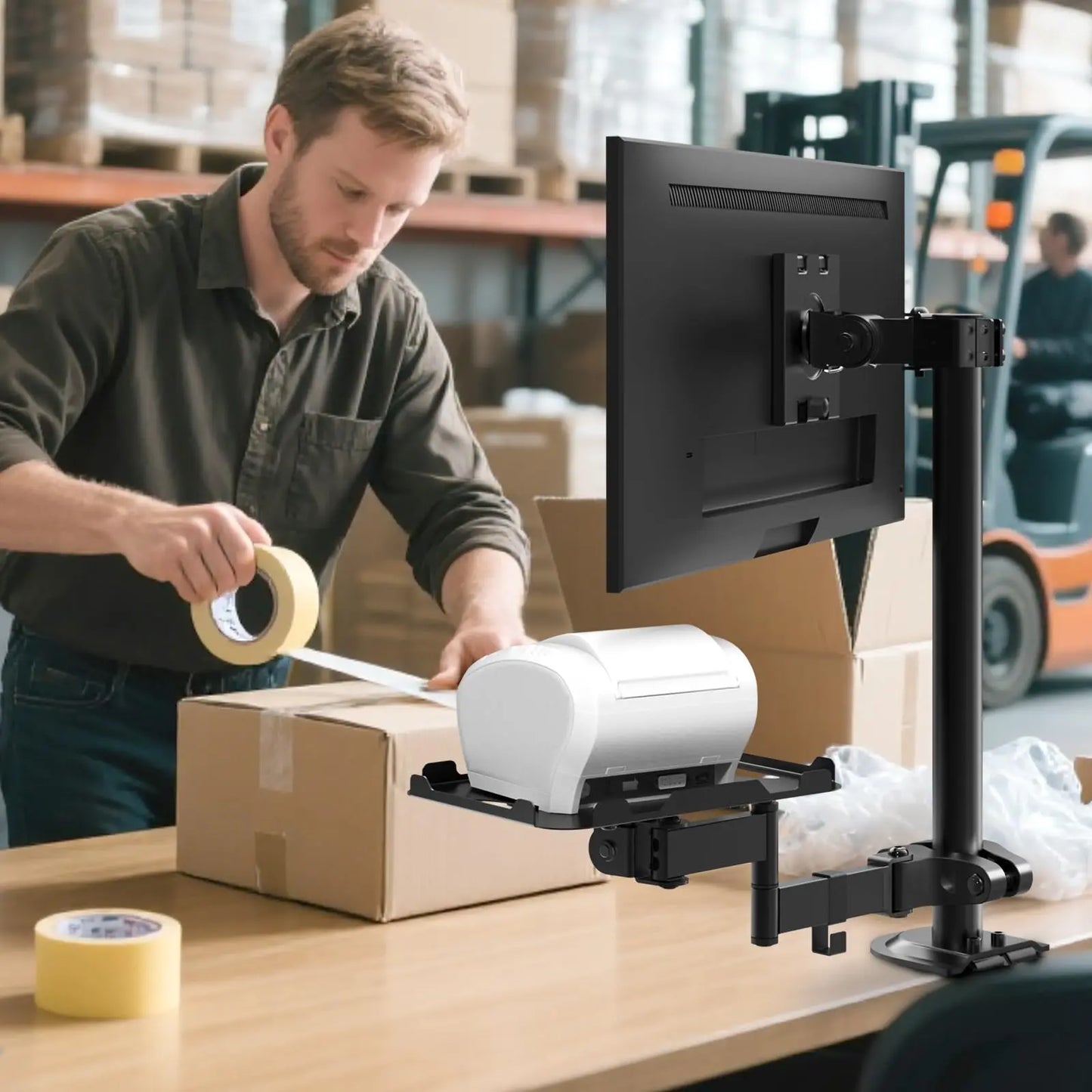 PUTORSEN Adjustable Pole Mount Printer Stand,Printer Pole Mount with 7.2x9.2 Inch Storage Tray for Thermal Printers, Full Motion Arm Holds 11 lbs PUTORSEN