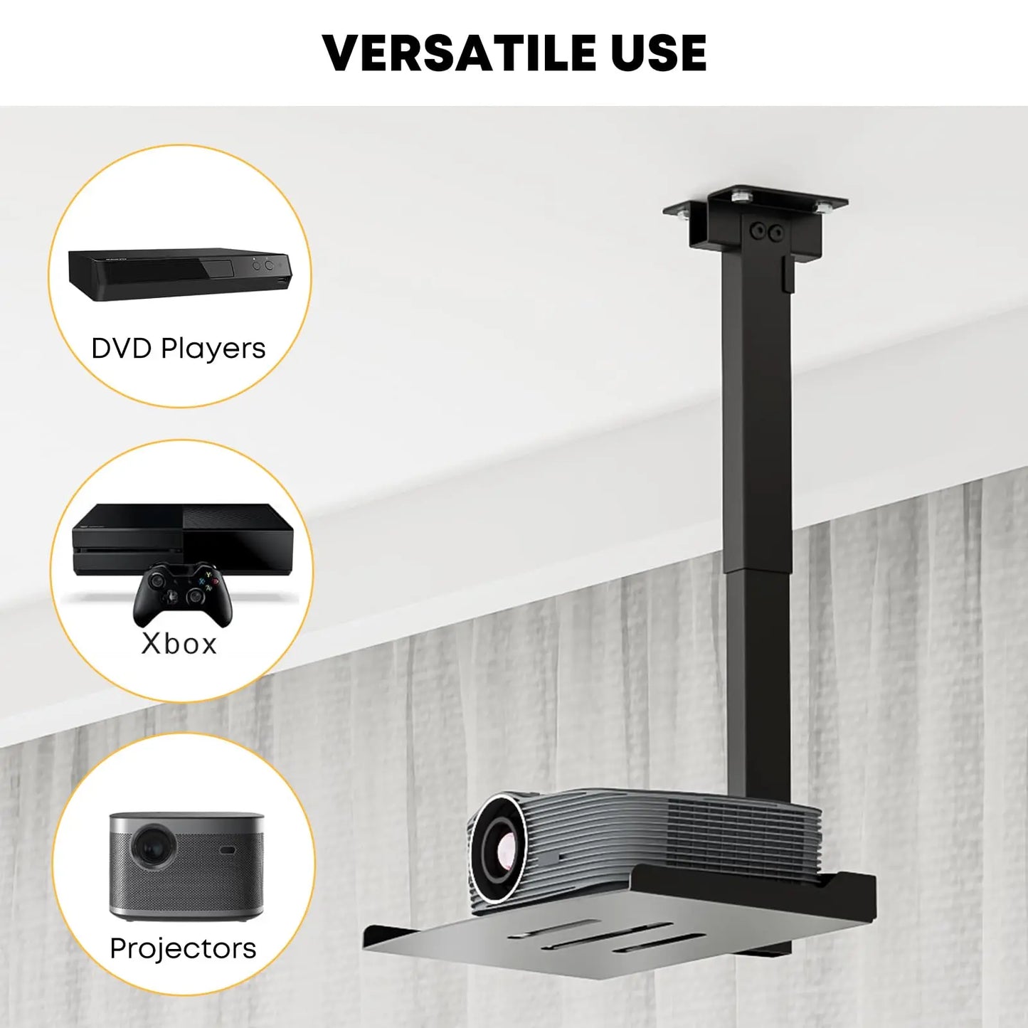 PUTORSEN Adjustable Projector Ceiling Mount,Universal Projector Shelf for Ceiling and Wall, Holds up to 22lbs,No Hole Installation, Hidden Cable Routing, Black PUTORSEN