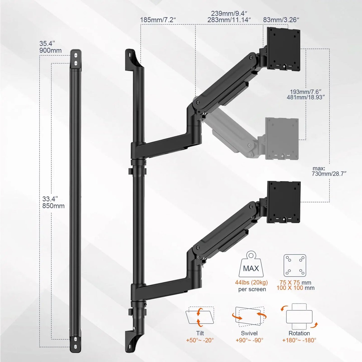 PUTORSEN Dual Arm Heavy-Duty Wall Monitor Mount for 17-49" Screens,Holds 2 Ultrawides Up to 44 lbs per Arm,VESA 75/100 Compatible PUTORSEN