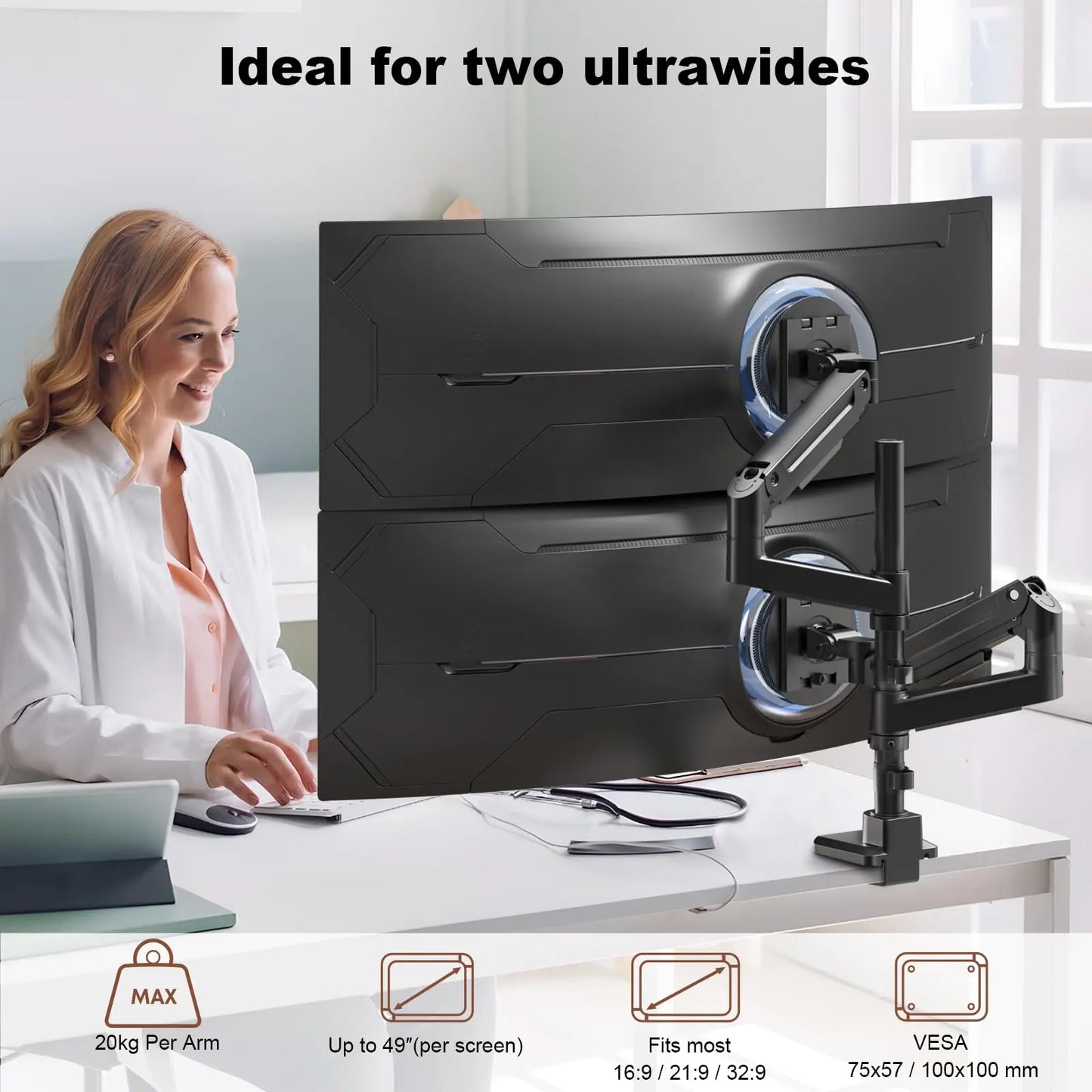 PUTORSEN Dual Monitor-Arm Heavy-Duty for 17-49-inch Screens - Premium Vertical Stacked Dual Monitor Arm Desk Mount for Ultrawide Screens up to 44lbs, Fully Adjustability, VESA 75/100 mm, Black PUTORSEN