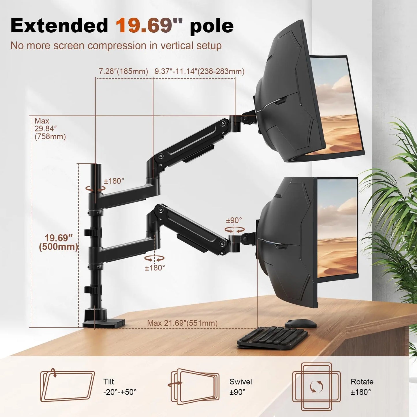 PUTORSEN Dual Monitor-Arm Heavy-Duty for 17-49-inch Screens - Premium Vertical Stacked Dual Monitor Arm Desk Mount for Ultrawide Screens up to 44lbs, Fully Adjustability, VESA 75/100 mm, Black PUTORSEN