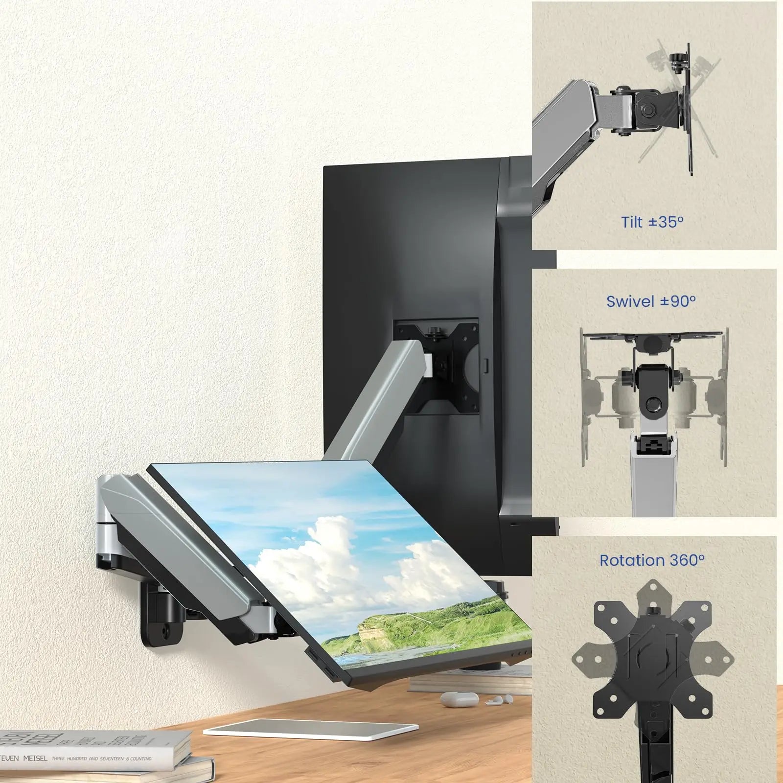 PUTORSEN Dual Monitor Arm Wall Mount Bracket for PC Monitor & TV - To Fit Screens 17 to 32 inches, Ergonomic Adjustable Gas Spring Single Arm Support 9 kg Monitor, VESA 75x75, 100x100 mm PUTORSEN