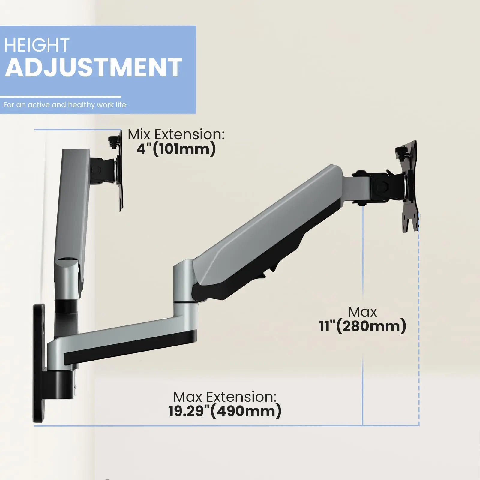 PUTORSEN Dual Monitor Arm Wall Mount Bracket for PC Monitor & TV - To Fit Screens 17 to 32 inches, Ergonomic Adjustable Gas Spring Single Arm Support 9 kg Monitor, VESA 75x75, 100x100 mm PUTORSEN