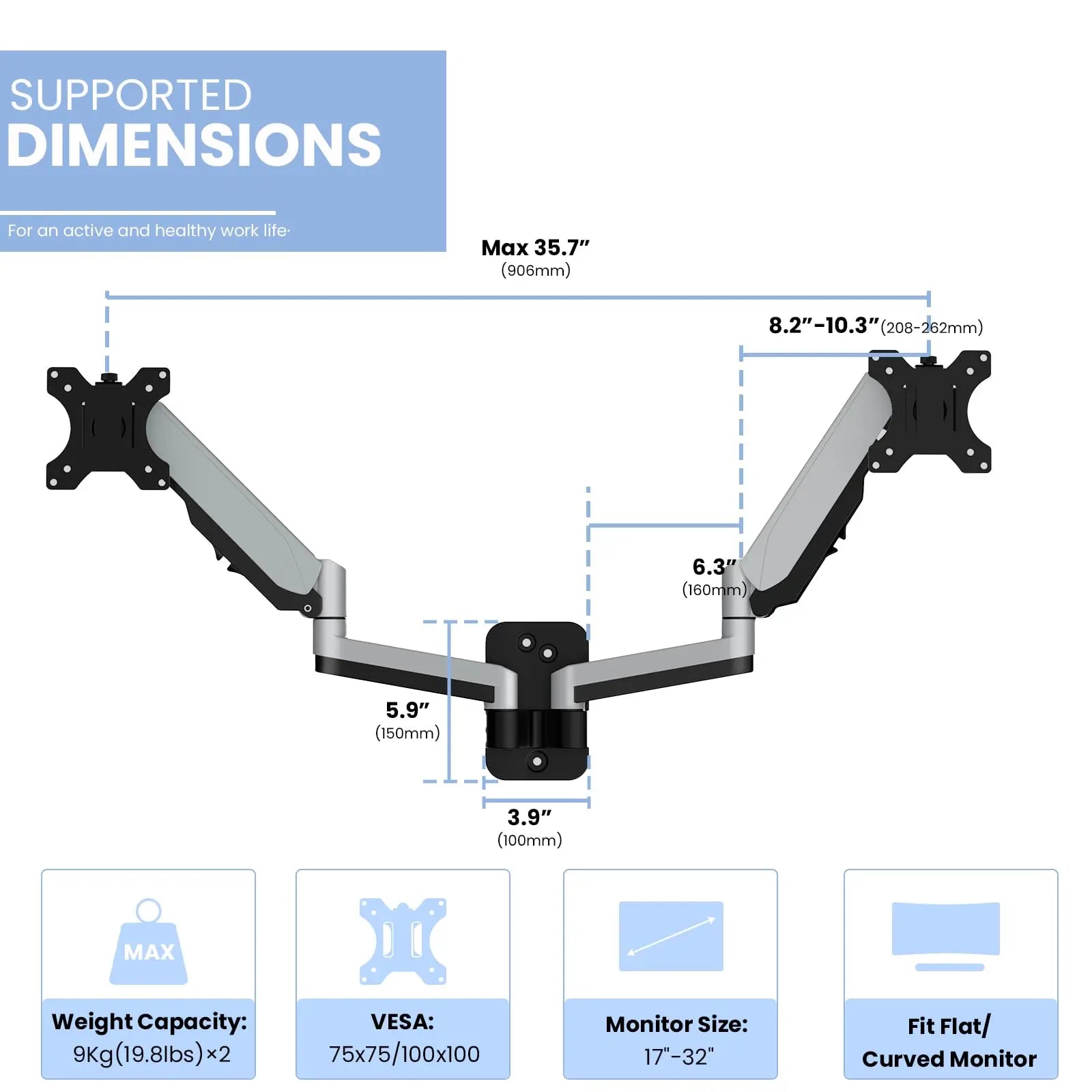 PUTORSEN Dual Monitor Arm Wall Mount Bracket for PC Monitor & TV - To Fit Screens 17 to 32 inches, Ergonomic Adjustable Gas Spring Single Arm Support 9 kg Monitor, VESA 75x75, 100x100 mm PUTORSEN