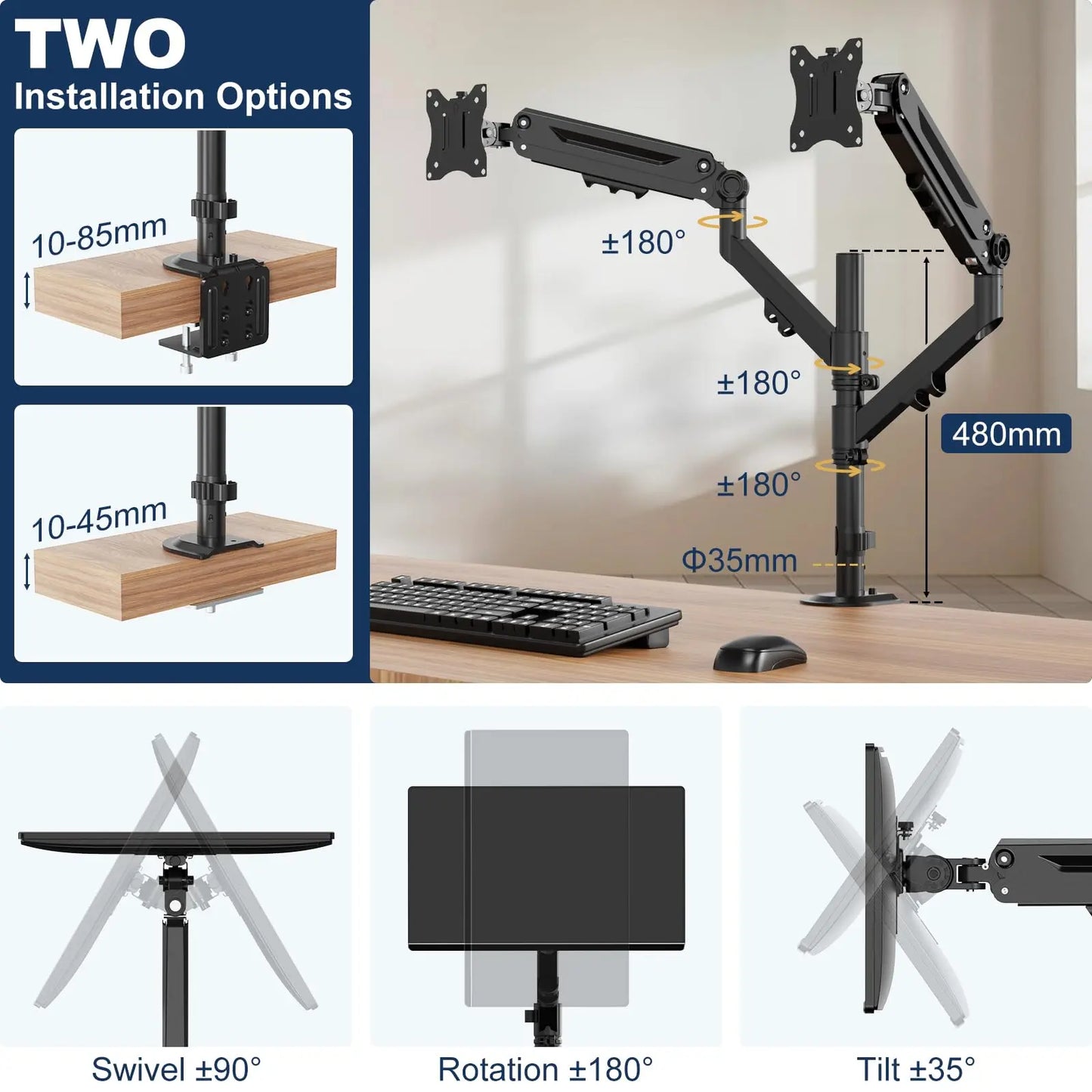 PUTORSEN Dual Monitor Mount for 17 to 40 inches, Holds up to 26.4 lbs, Monitor Desk Arms for 2 Monitors Vertical/Parallel Placement, with Clamp/Grommet Base, VESA Mount 75/100 mm PUTORSEN