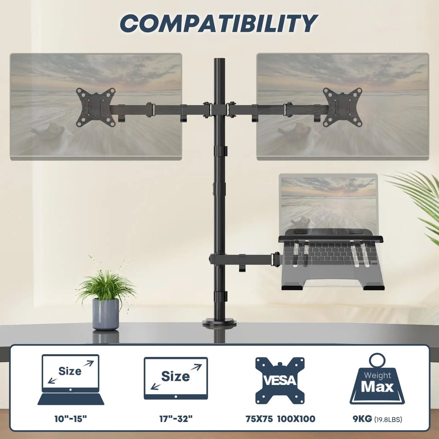 PUTORSEN Dual Monitor Stand and Laptop Mount Fit Two 17 to 32 Inch Monitor and 10 to 15 Inch Laptop,Extra Tall Adjustable Stand,19.8 lbs Weight Capacity per Arm,Black PUTORSEN