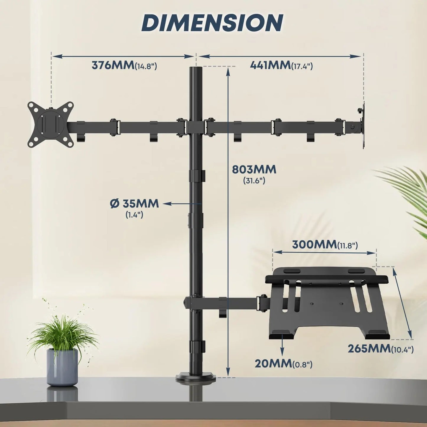 PUTORSEN Dual Monitor Stand and Laptop Mount Fit Two 17 to 32 Inch Monitor and 10 to 15 Inch Laptop,Extra Tall Adjustable Stand,19.8 lbs Weight Capacity per Arm,Black PUTORSEN