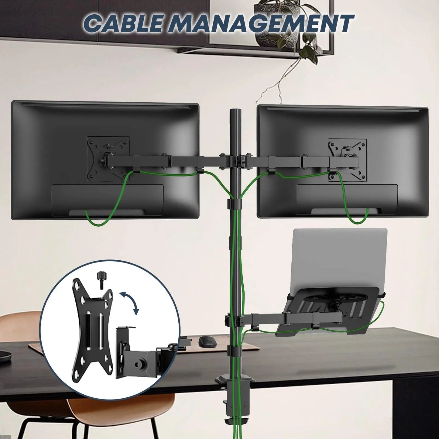PUTORSEN Dual Monitor Stand and Laptop Mount Fit Two 17 to 32 Inch Monitor and 10 to 15 Inch Laptop,Extra Tall Adjustable Stand,19.8 lbs Weight Capacity per Arm,Black PUTORSEN
