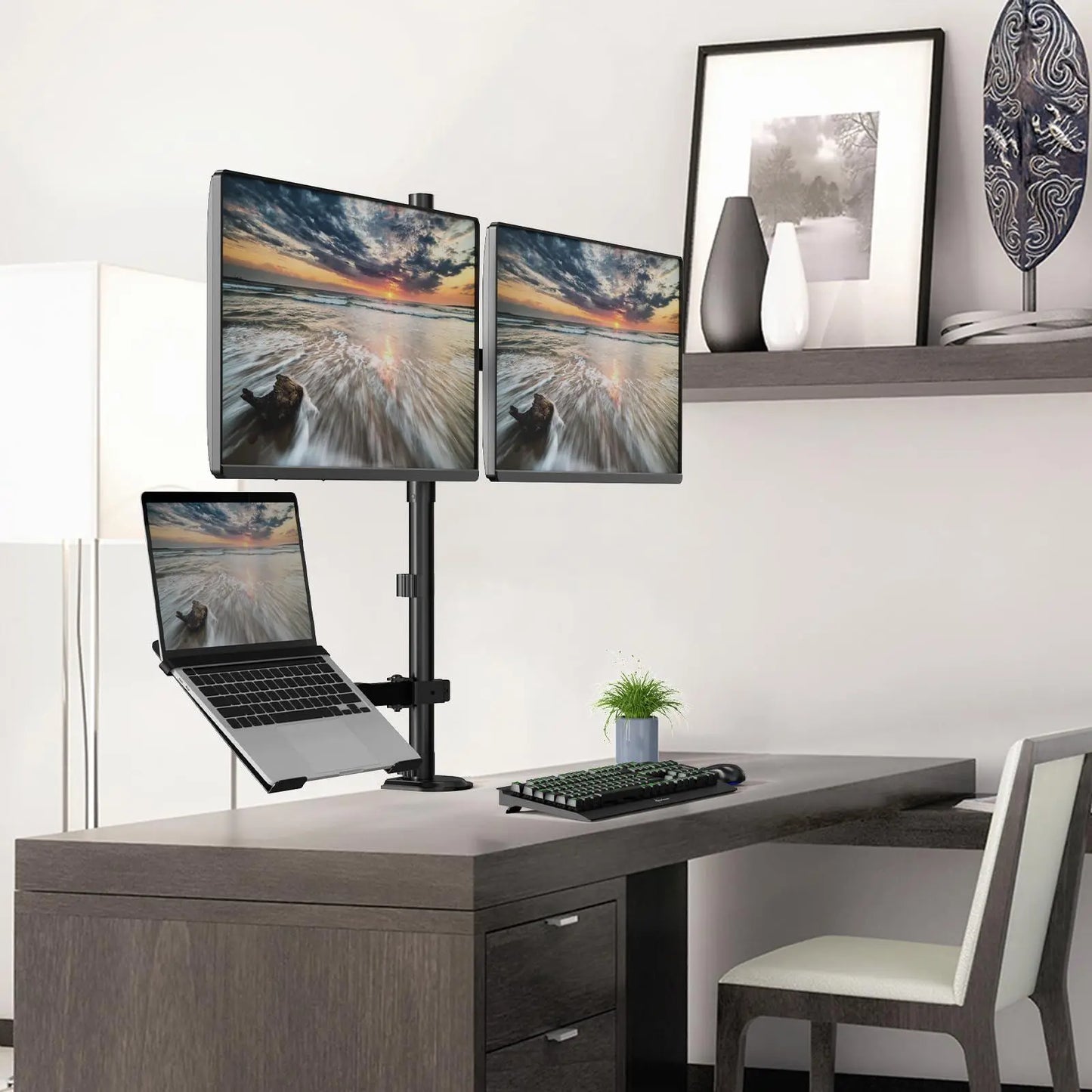 PUTORSEN Dual Monitor Stand and Laptop Mount Fit Two 17 to 32 Inch Monitor and 10 to 15 Inch Laptop,Extra Tall Adjustable Stand,19.8 lbs Weight Capacity per Arm,Black PUTORSEN