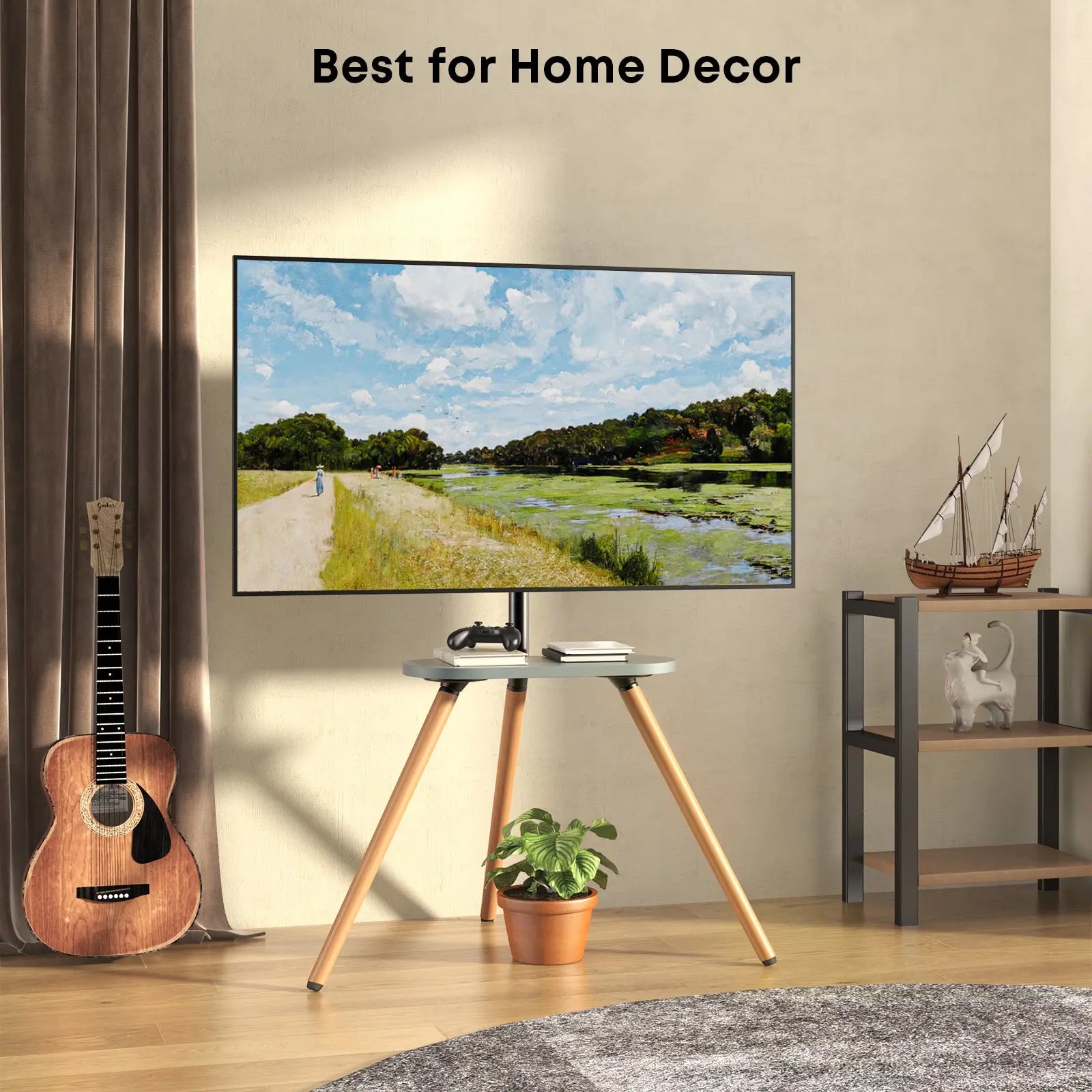 PUTORSEN Easel TV-Stand for 43-65-Inch Screens - Portable Swivel Tripod TV Stand with Wooden Tray, Height Adjustable TV Floor Stand, Max VESA 400x400 mm, Black PUTORSEN