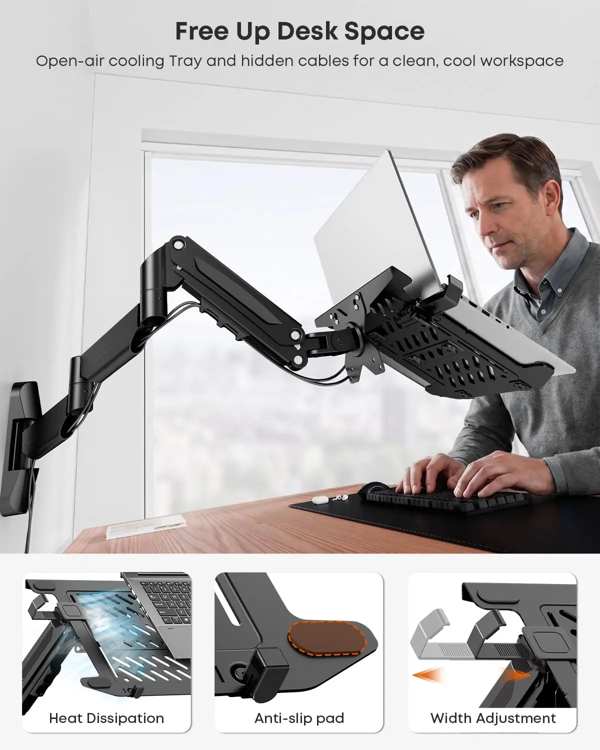 PUTORSEN Extra Long 2-in-1 Laptop Wall Mount with Detachable Tray - 30.28'' Long Gas Spring Adjustable Arm for 12''-17'' Laptops & 13''-32'' Monitors, Black PUTORSEN