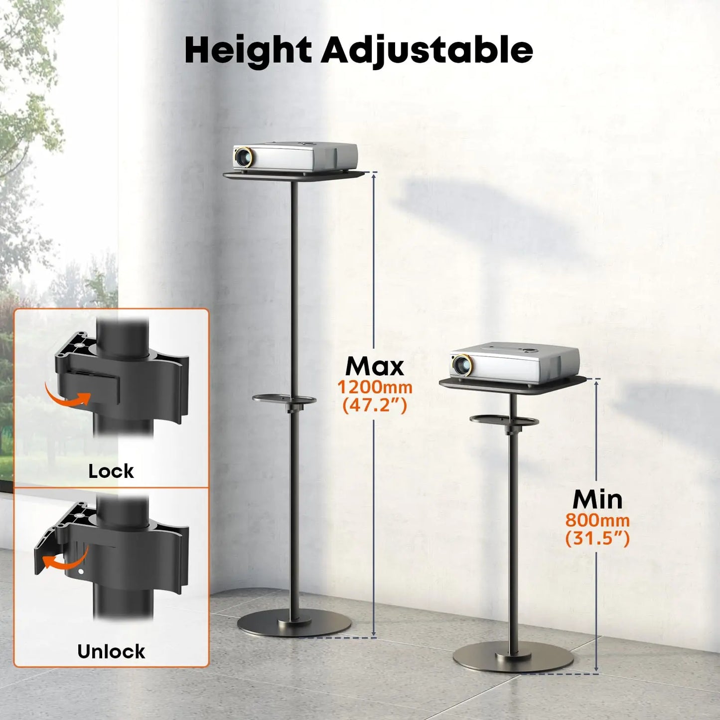PUTORSEN Heavy-Duty Projector Stand – Height Adjustable Floor Projector Stand,Extends 27.6" to 47.2",13.2lbs Capacity, Compatible with Projectors, Cameras PUTORSEN
