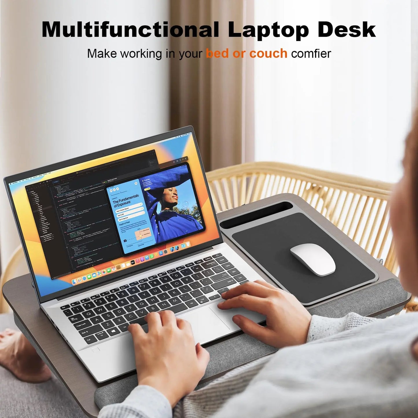PUTORSEN Laptop Laptop Desk with Pillow Cushion, Fits Laptops up to 17.3 Inches, with Anti-Slip Strip and Storage Function for Home Gray PUTORSEN