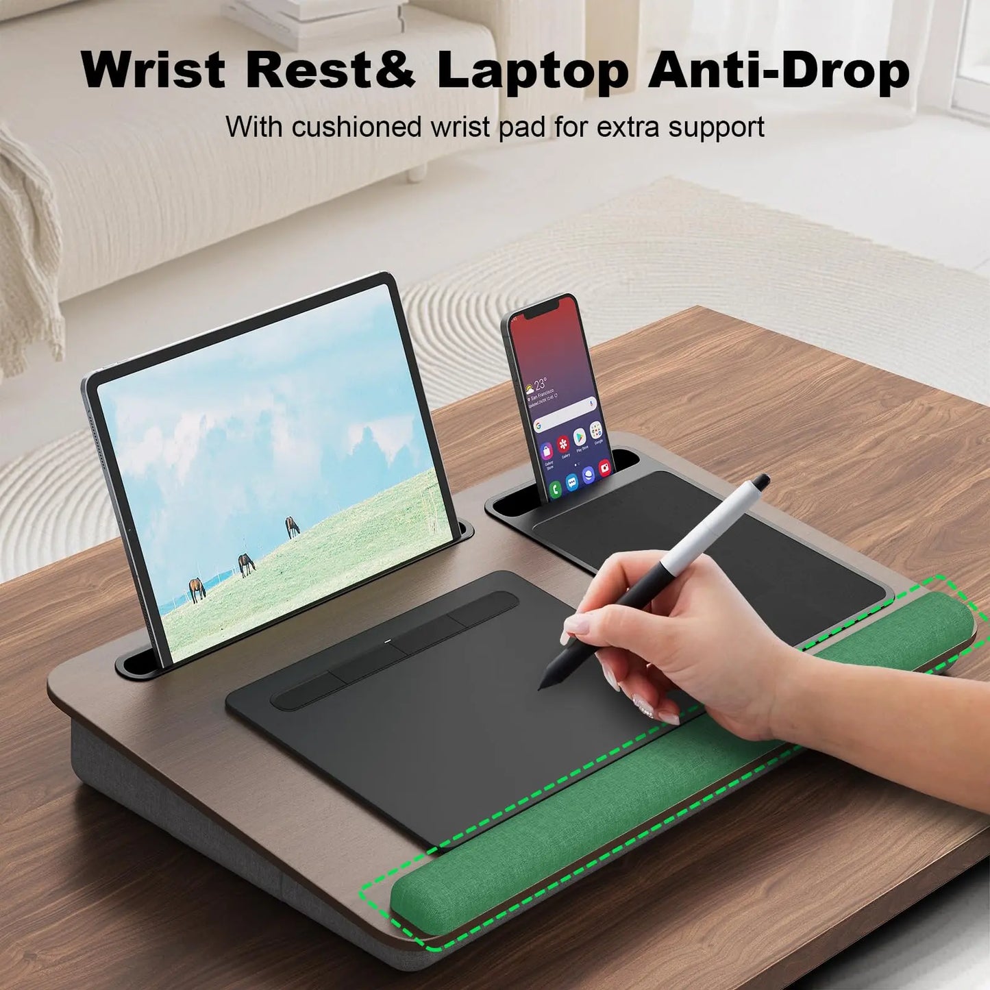 PUTORSEN Laptop Laptop Desk with Pillow Cushion, Fits Laptops up to 17.3 Inches, with Anti-Slip Strip and Storage Function for Home Gray PUTORSEN