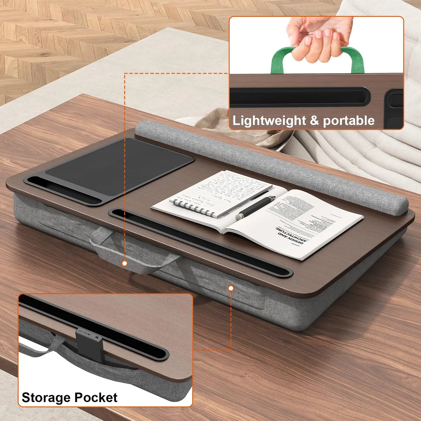 PUTORSEN Laptop Laptop Desk with Pillow Cushion, Fits Laptops up to 17.3 Inches, with Anti-Slip Strip and Storage Function for Home Gray PUTORSEN