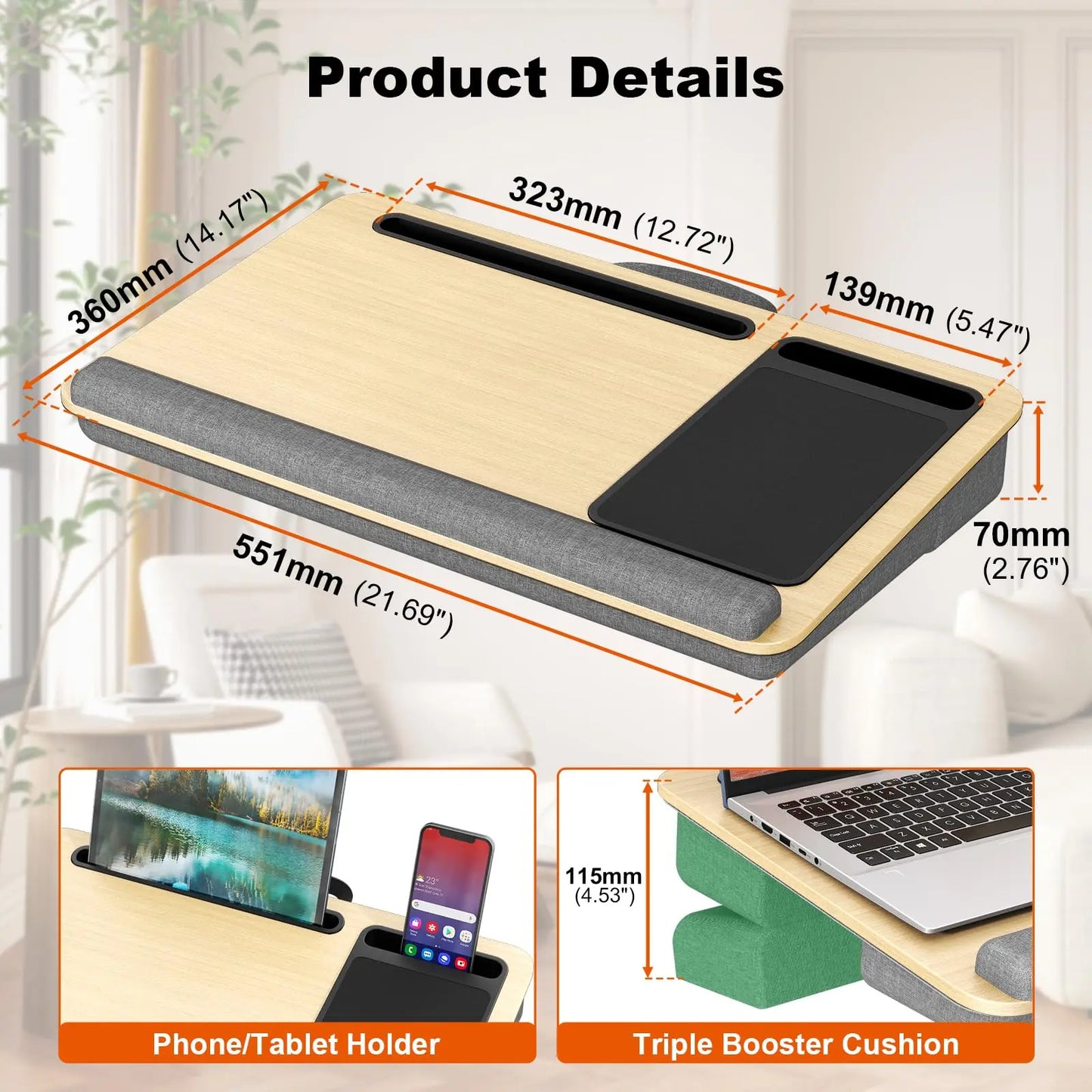 PUTORSEN Laptopkissen für Bett mit Kissen, PUTORSEN Laptop Kissen Mausunterlage Passen bis zu 17,3 Zoll Notebook, Höhenverstellbar Lapdesk mit Tablet und Telefon Rille für Lernen PUTORSEN