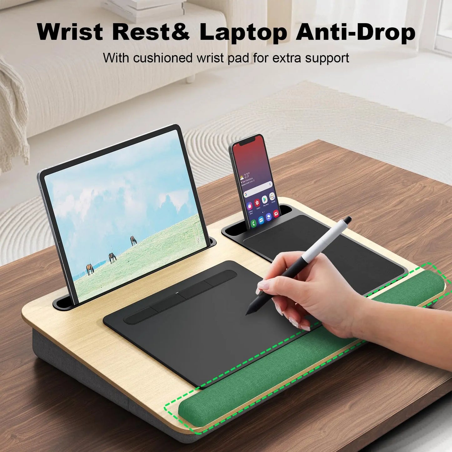 PUTORSEN Laptopkissen für Bett mit Kissen, PUTORSEN Laptop Kissen Mausunterlage Passen bis zu 17,3 Zoll Notebook, Höhenverstellbar Lapdesk mit Tablet und Telefon Rille für Lernen PUTORSEN