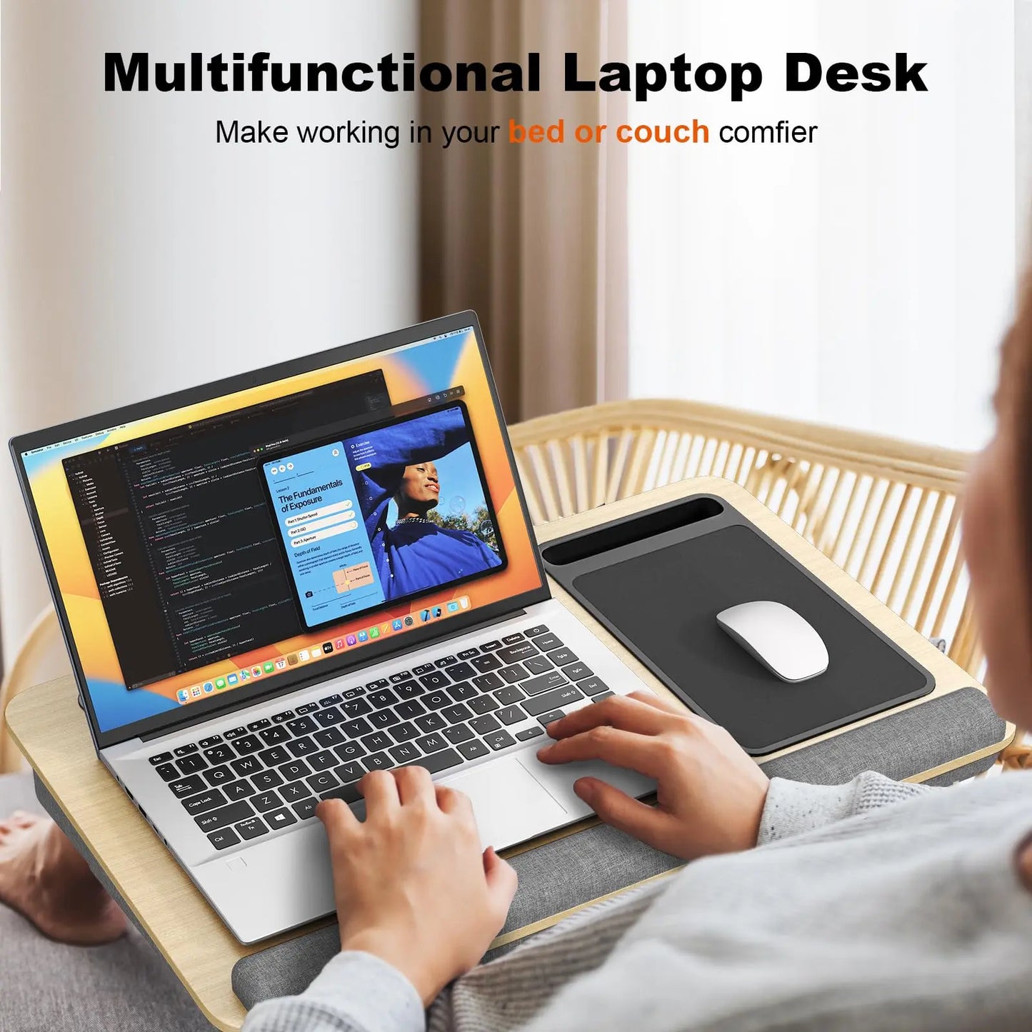 PUTORSEN Laptopkissen für Bett mit Kissen, PUTORSEN Laptop Kissen Mausunterlage Passen bis zu 17,3 Zoll Notebook, Höhenverstellbar Lapdesk mit Tablet und Telefon Rille für Lernen PUTORSEN