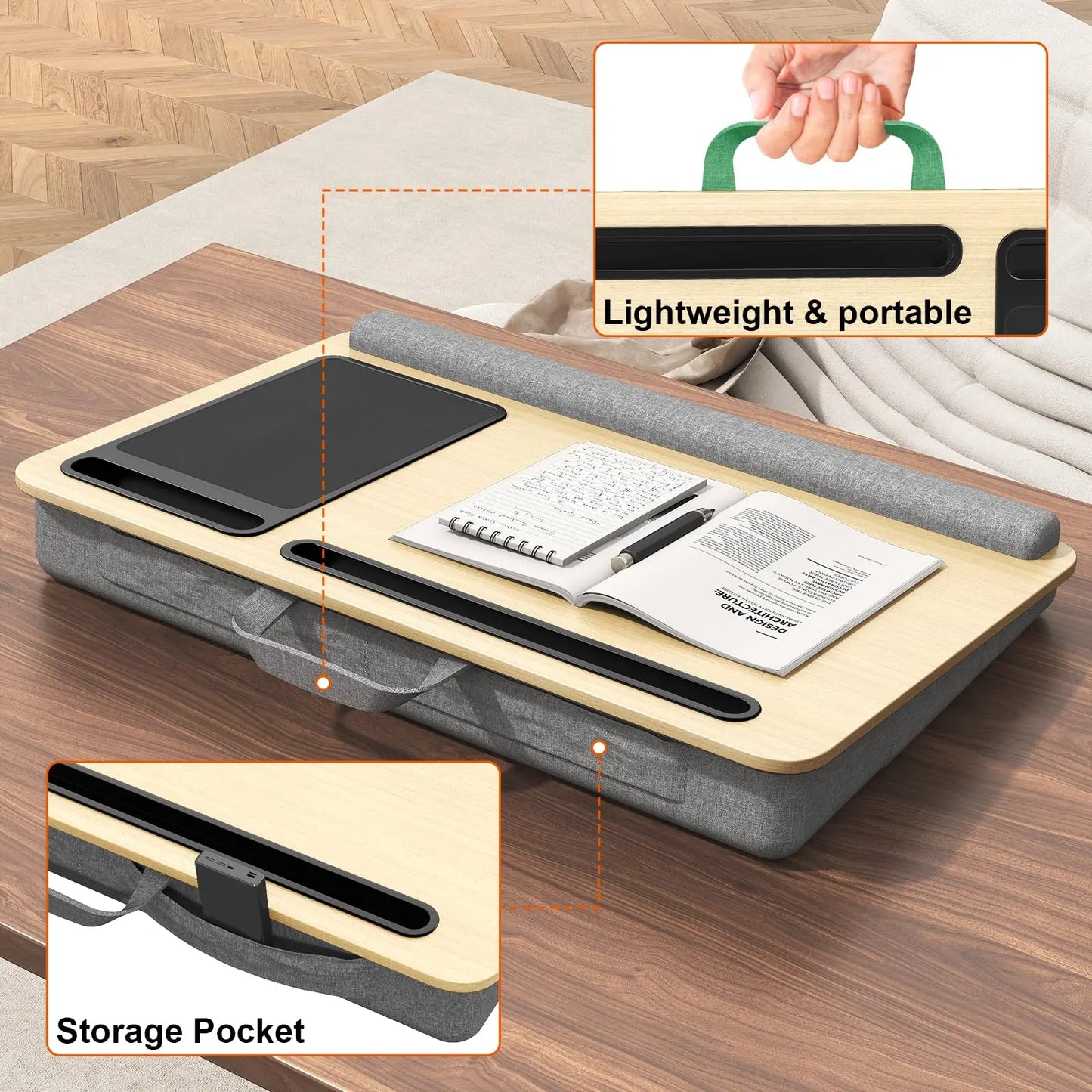 PUTORSEN Laptopkissen für Bett mit Kissen, PUTORSEN Laptop Kissen Mausunterlage Passen bis zu 17,3 Zoll Notebook, Höhenverstellbar Lapdesk mit Tablet und Telefon Rille für Lernen PUTORSEN