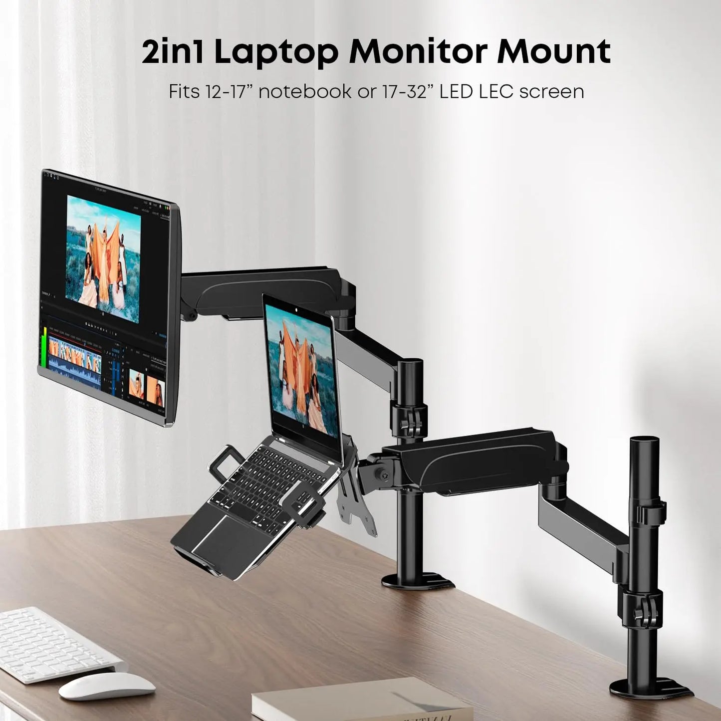 PUTORSEN Monitor Arm mit Laptop Halterung für 17 bis 32 Zoll LCD LED Bildschirm & bis zu 17 Zoll Notebook, 55,5 cm Höhenverstellung(30.8 cm Stange), Neigen, Schwenken & Drehen PUTORSEN