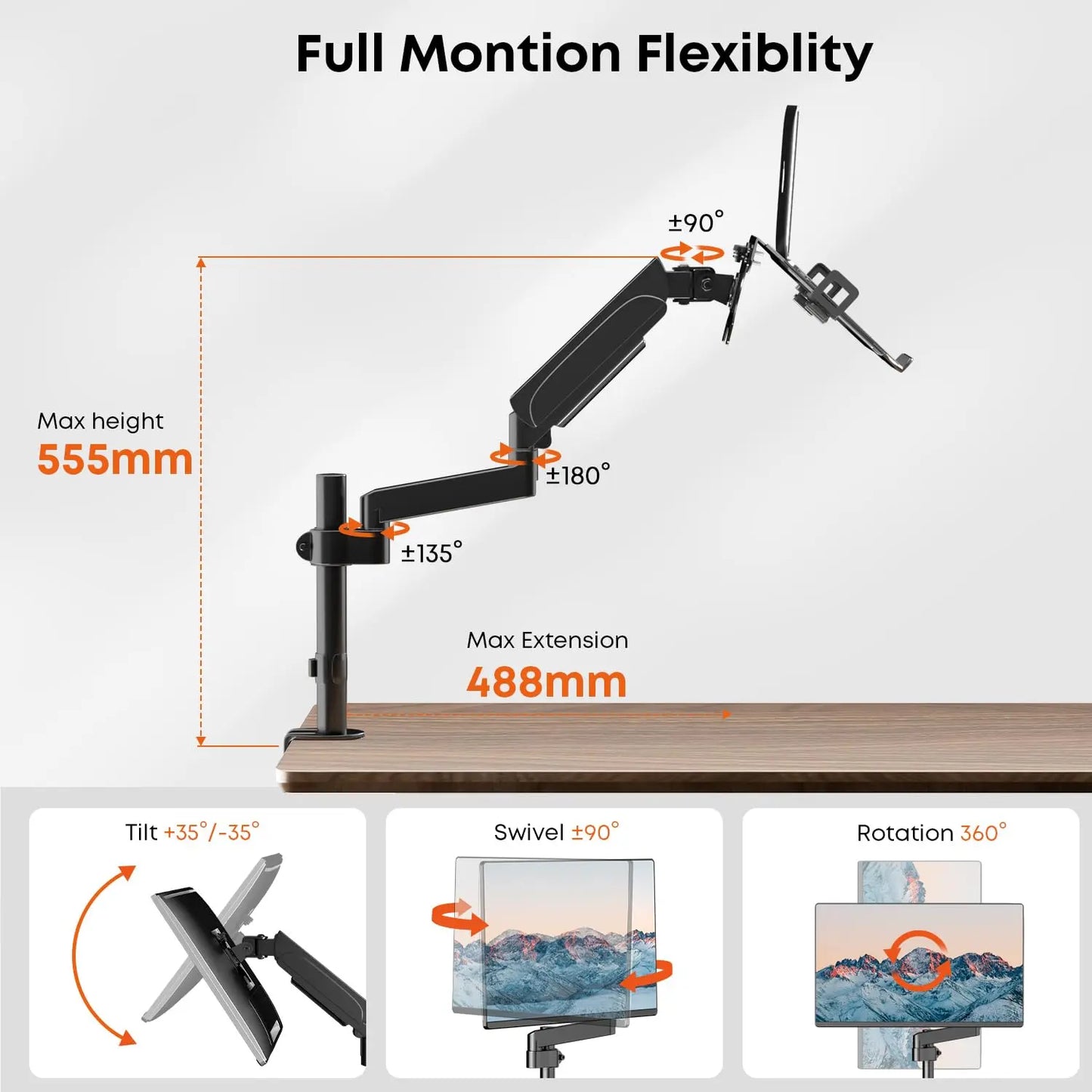 PUTORSEN Monitor Arm mit Laptop Halterung für 17 bis 32 Zoll LCD LED Bildschirm & bis zu 17 Zoll Notebook, 55,5 cm Höhenverstellung(30.8 cm Stange), Neigen, Schwenken & Drehen PUTORSEN